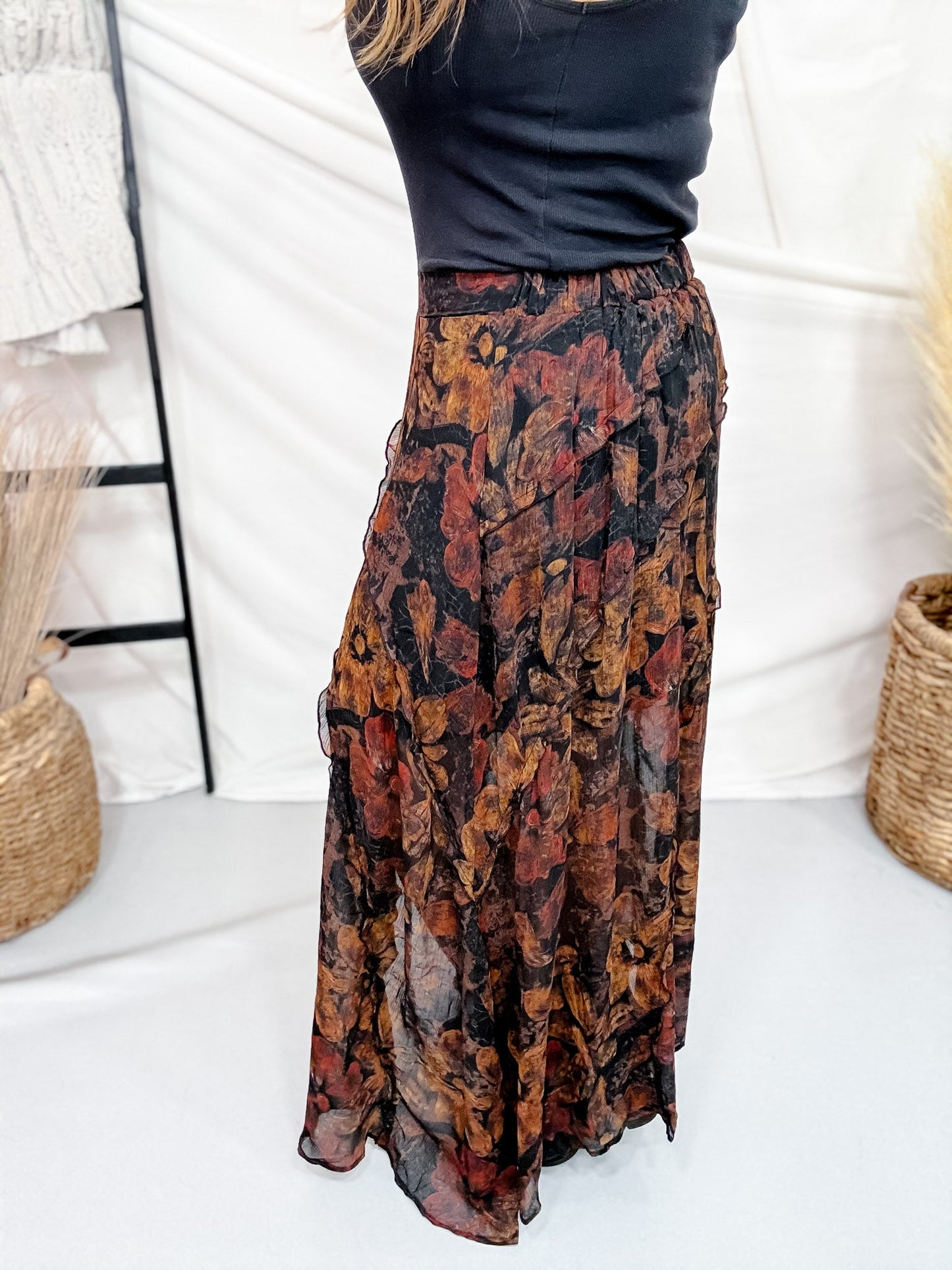 Floral Maxi Skirt W/ Reverse Seam Details - Whiskey Skies - COZY CO