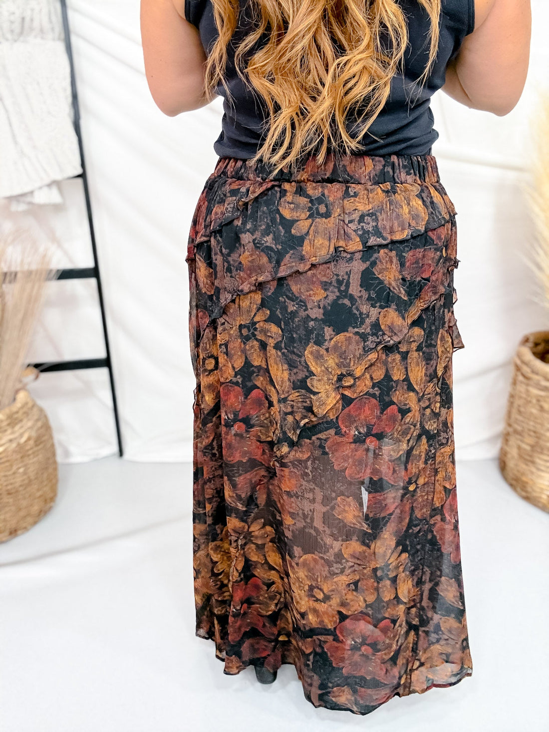 Floral Maxi Skirt W/ Reverse Seam Details - Whiskey Skies - COZY CO
