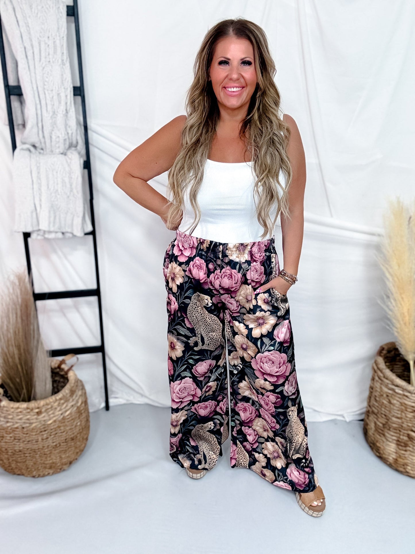 Floral Noir Cheetah Wide Leg Lounge Pants - Whiskey Skies - JADE BY JANE