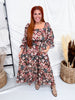 Floral Off Shoulder Smocked Waist Midi Dress With Puff Sleeves - Whiskey Skies - ODDI