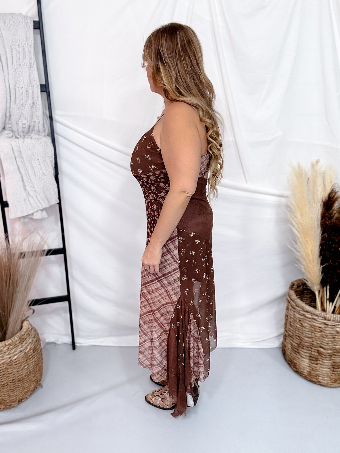 Floral & Plaid Spaghetti Strap Midi Dress - Whiskey Skies - POLAGRAM + BAEVELY