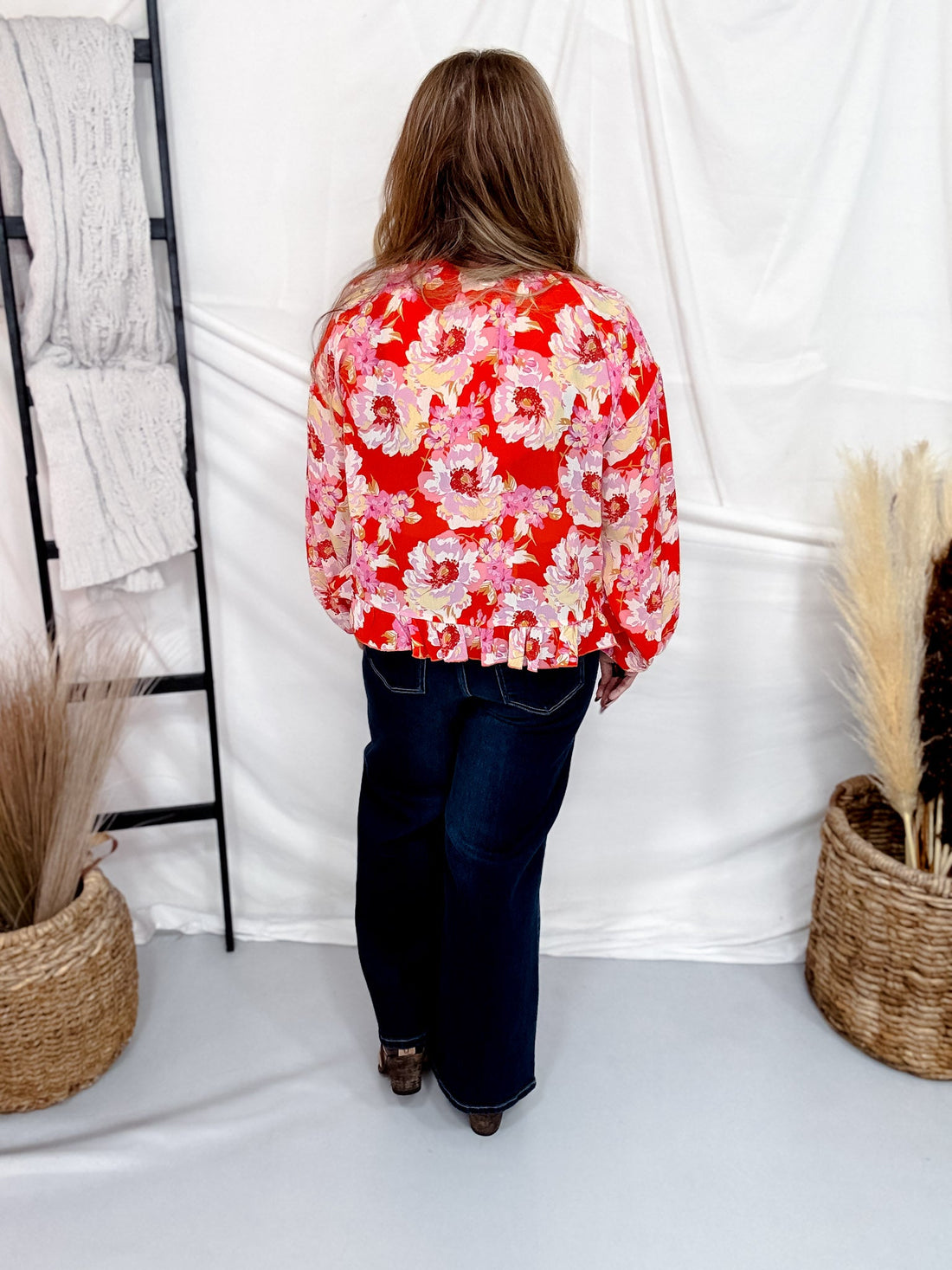 Floral Print Balloon Sleeve Top With Tie Neckline - Whiskey Skies - SEW IN LOVE