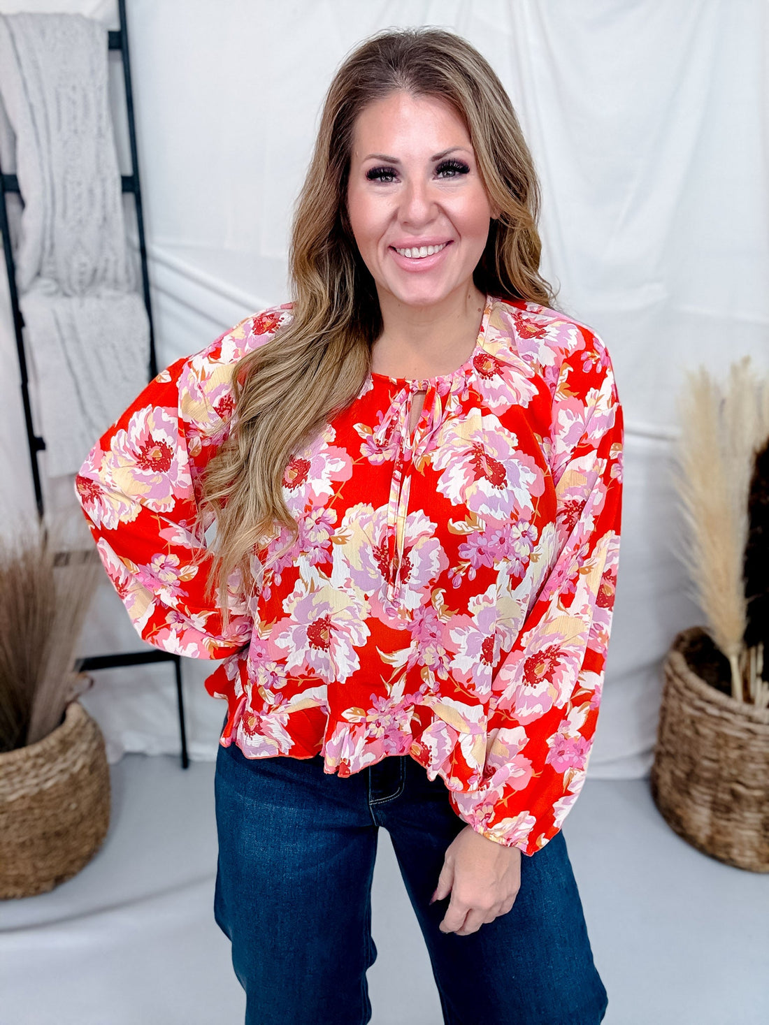 Floral Print Balloon Sleeve Top With Tie Neckline - Whiskey Skies - SEW IN LOVE