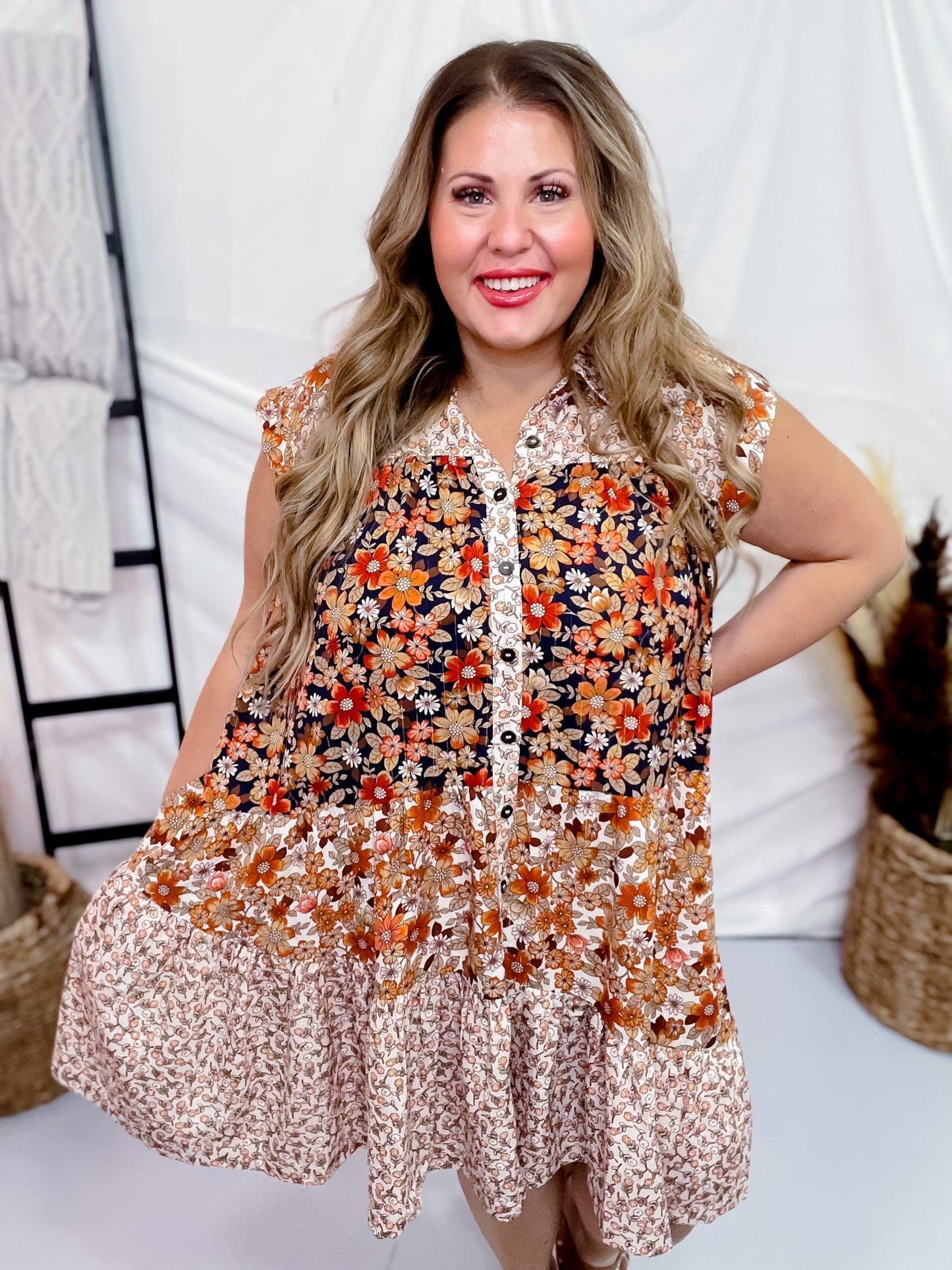 Floral Print Button Down Dress With Pockets - Whiskey Skies - BIBI