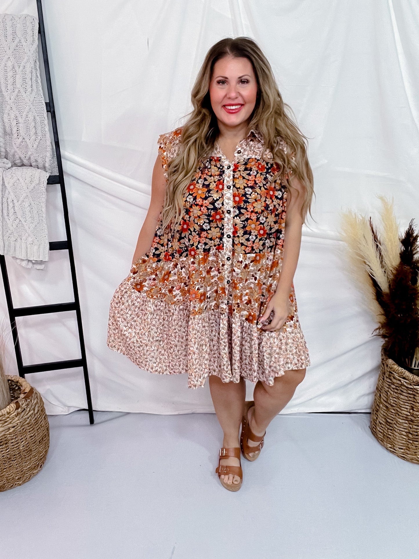 Floral Print Button Down Dress With Pockets - Whiskey Skies - BIBI