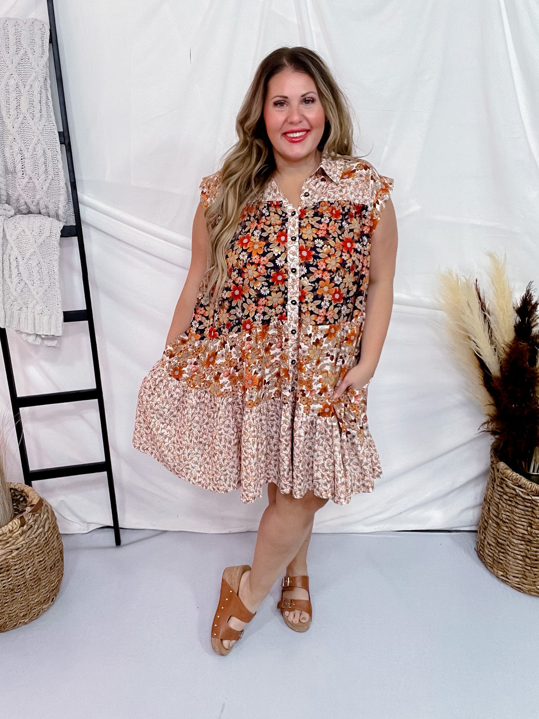 Floral Print Button Down Dress With Pockets - Whiskey Skies - BIBI