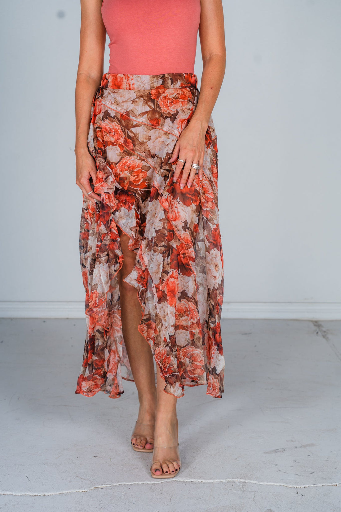 Floral Print Chiffon Ruffle Maxi Skirt - Whiskey Skies - POLAGRAM + BAEVELY