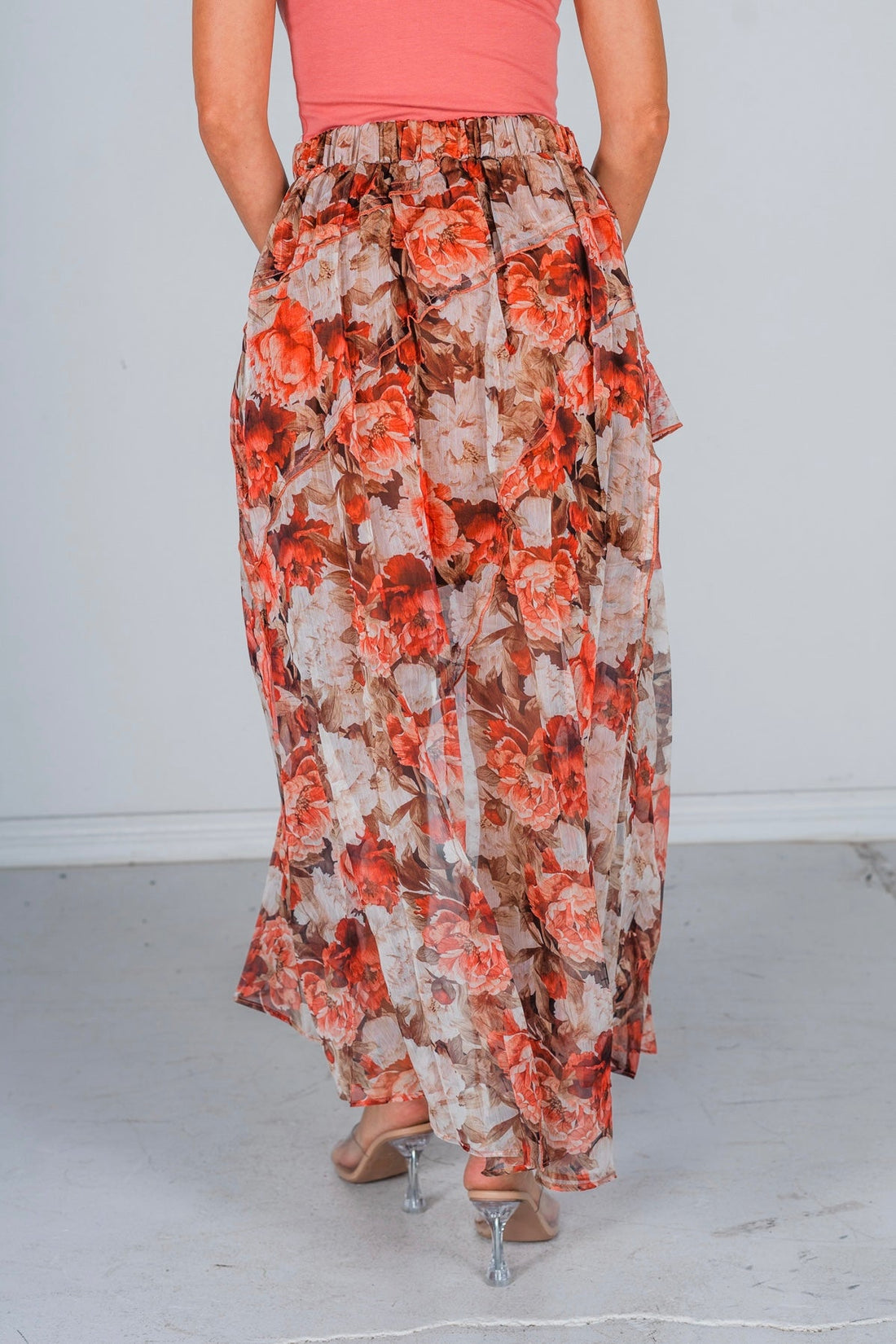 Floral Print Chiffon Ruffle Maxi Skirt - Whiskey Skies - POLAGRAM + BAEVELY