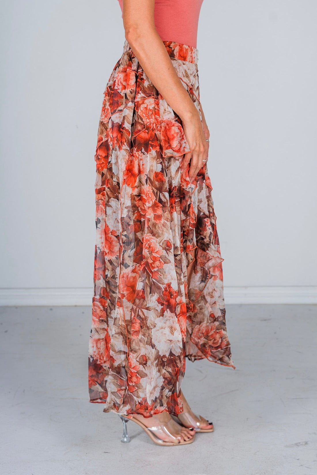 Floral Print Chiffon Ruffle Maxi Skirt - Whiskey Skies - POLAGRAM + BAEVELY