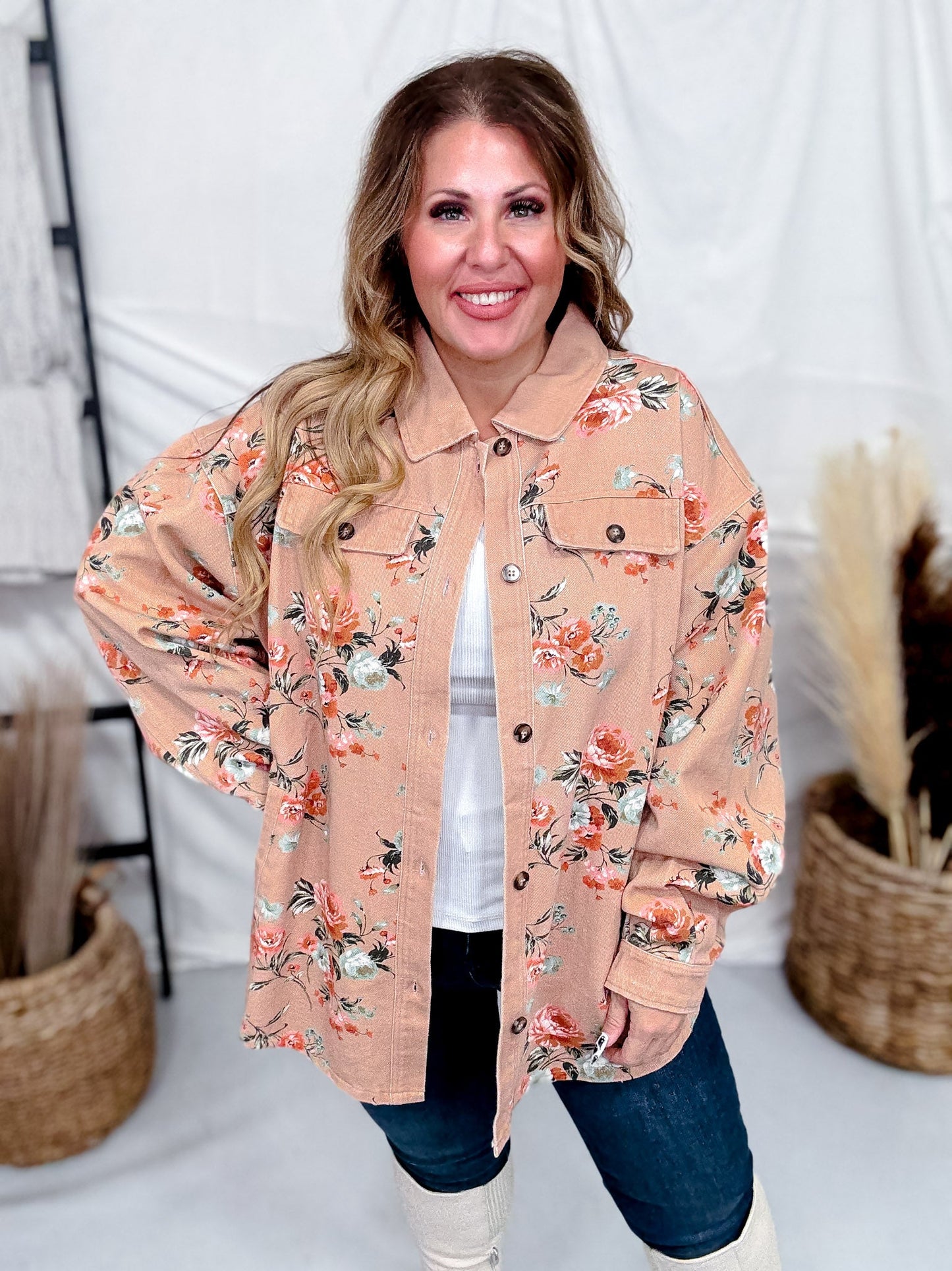 Floral Print Denim Shacket In Vintage Latte - Whiskey Skies - BIBI