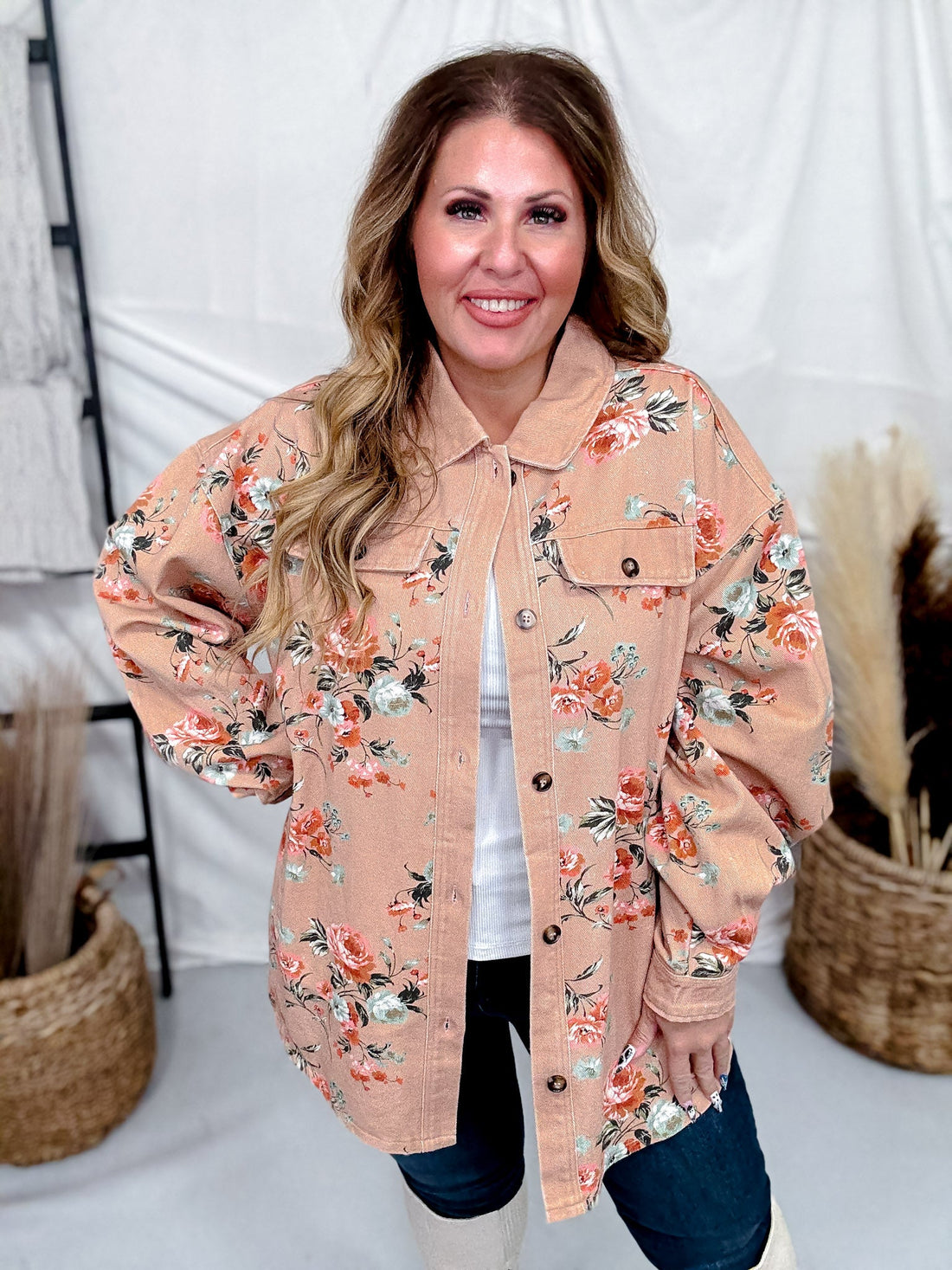 Floral Print Denim Shacket In Vintage Latte - Whiskey Skies - BIBI