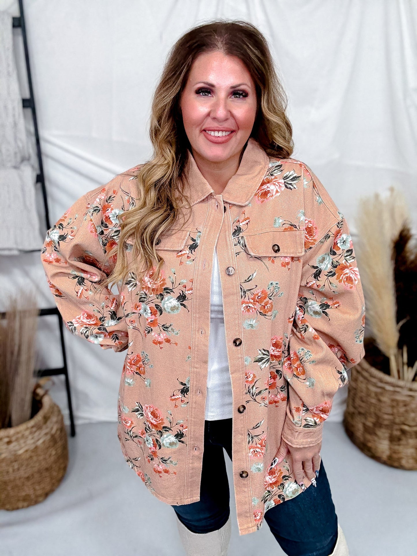 Floral Print Denim Shacket In Vintage Latte - Whiskey Skies - BIBI