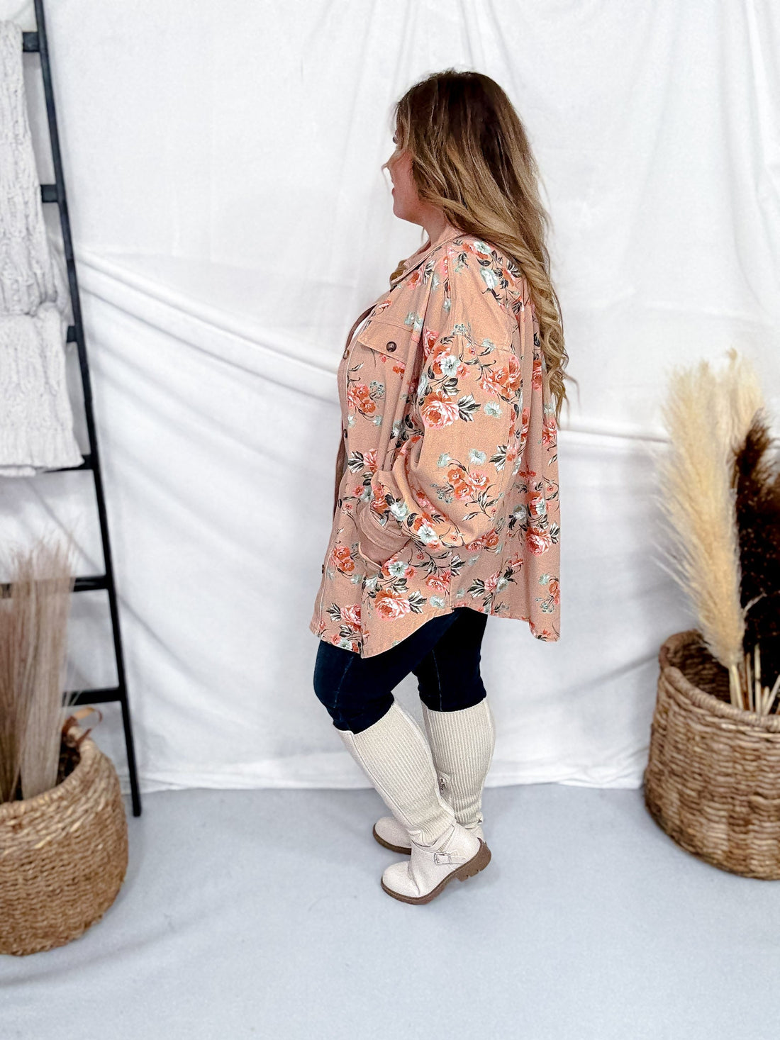 Floral Print Denim Shacket In Vintage Latte - Whiskey Skies - BIBI