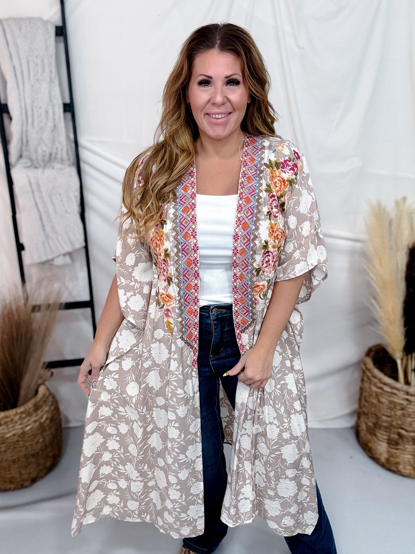 Floral Print Embroidered Open Front Kimono - Whiskey Skies - ANDREE BY UNIT