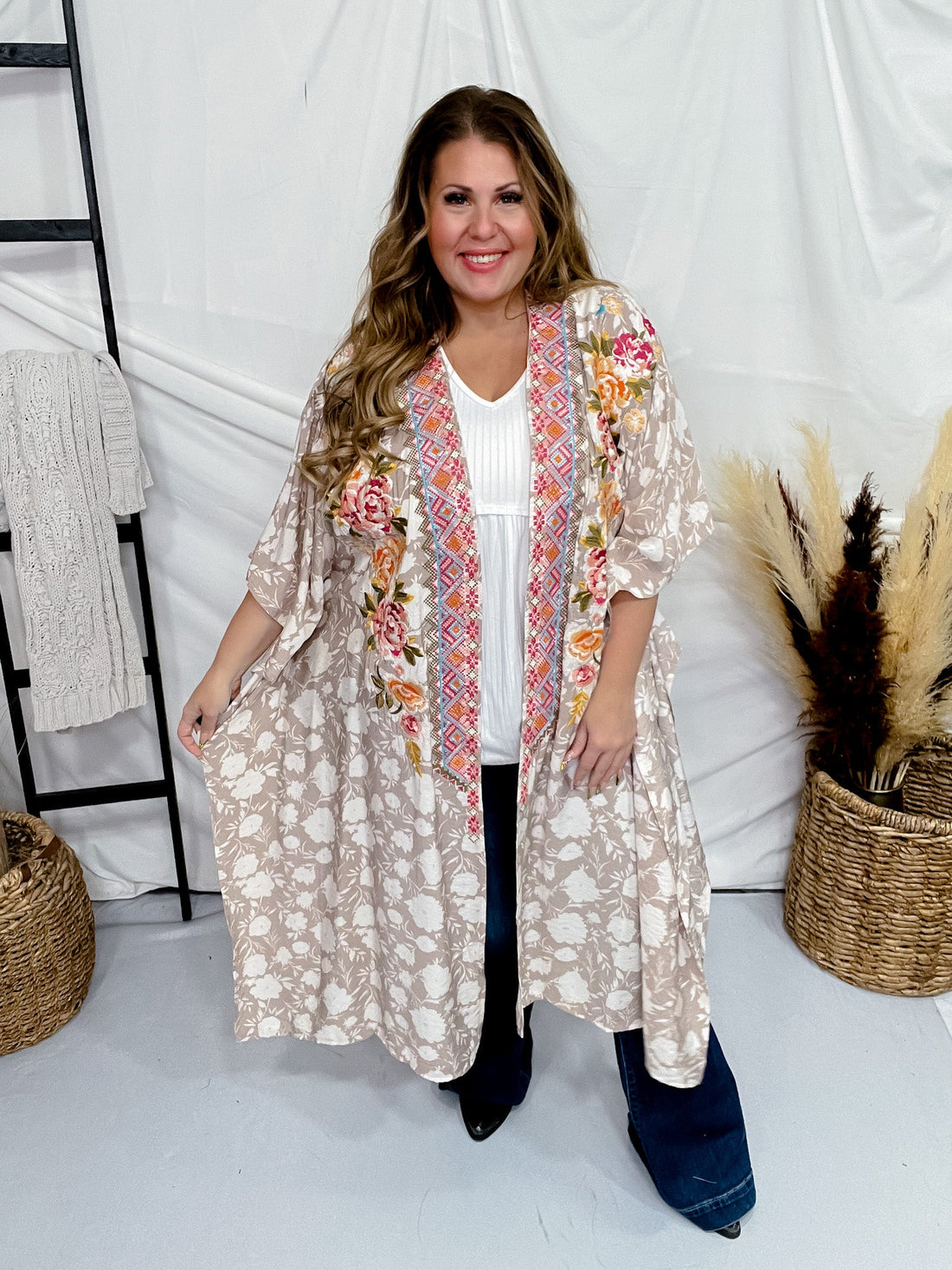 Floral Print Embroidered Open Front Kimono - Whiskey Skies - ANDREE BY UNIT