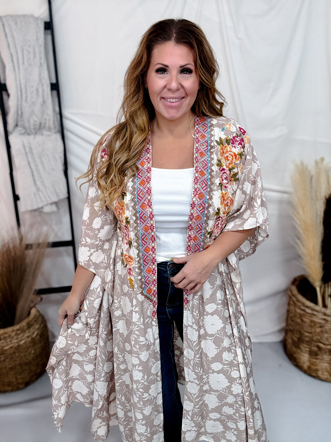 Floral Print Embroidered Open Front Kimono - Whiskey Skies - ANDREE BY UNIT