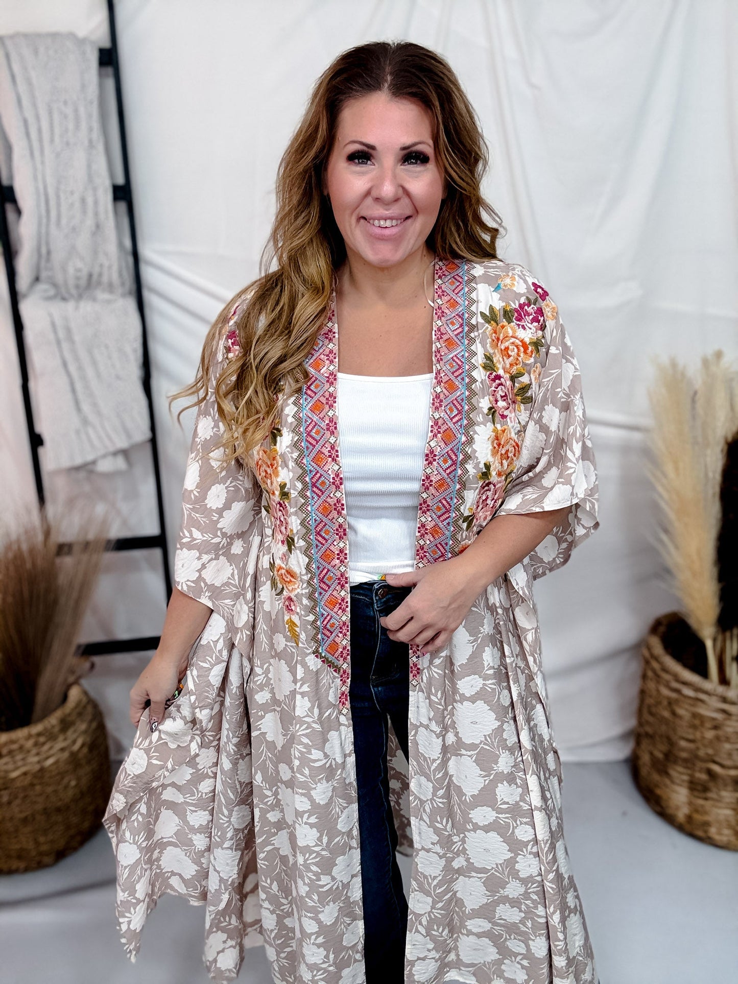 Floral Print Embroidered Open Front Kimono - Whiskey Skies - ANDREE BY UNIT