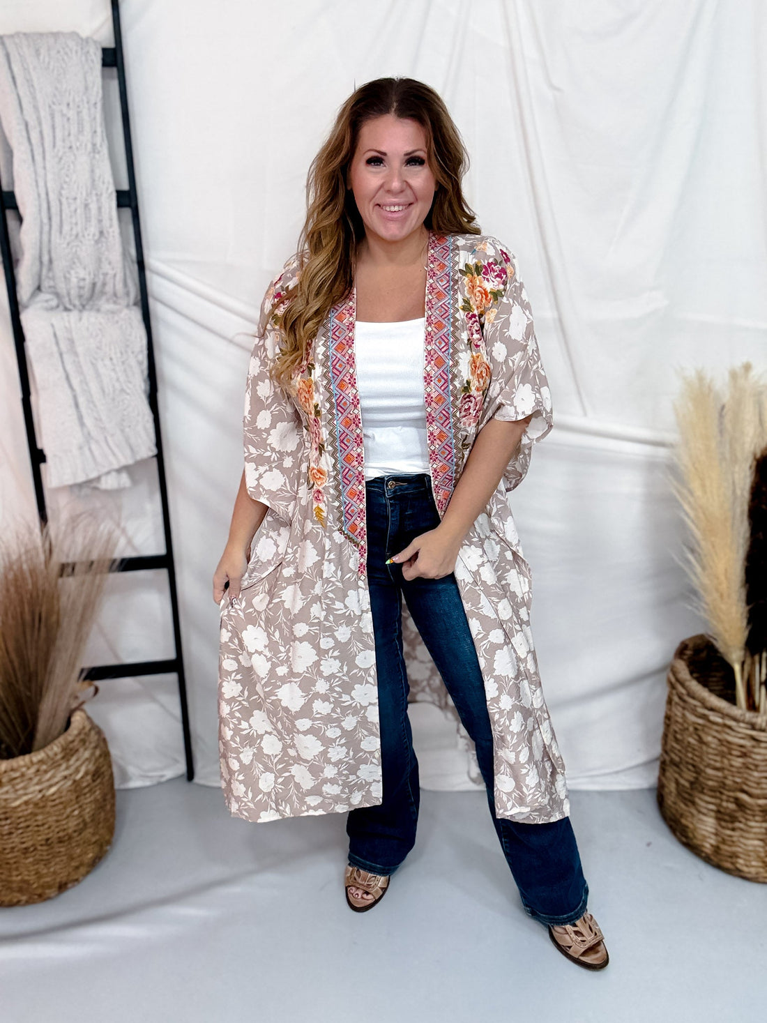 Floral Print Embroidered Open Front Kimono - Whiskey Skies - ANDREE BY UNIT