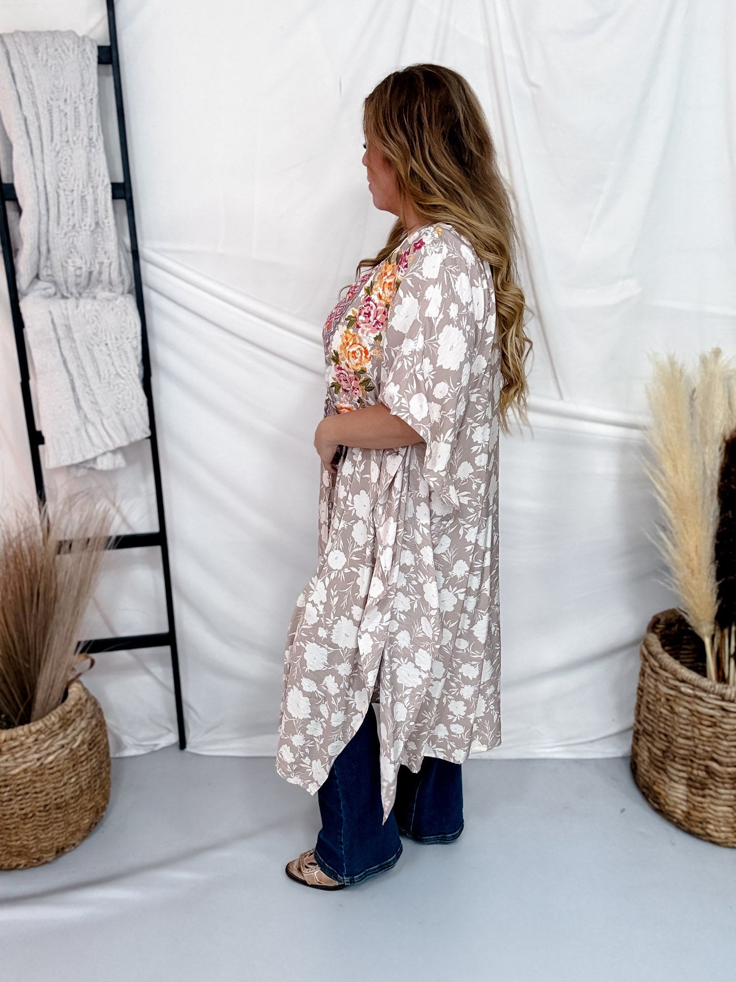 Floral Print Embroidered Open Front Kimono - Whiskey Skies - ANDREE BY UNIT