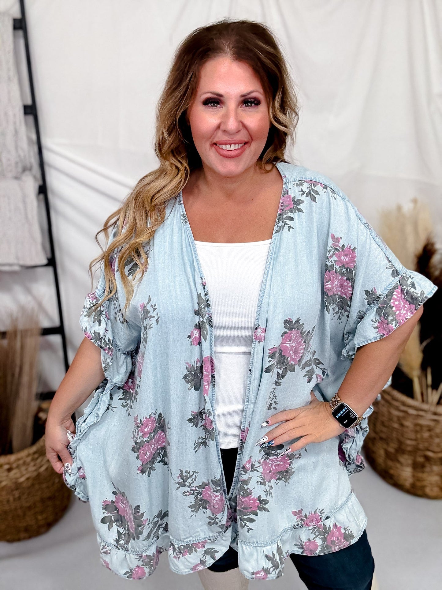 Floral Print Light Blue Chambray Cardigan With Ruffled Hems - Whiskey Skies - EASEL