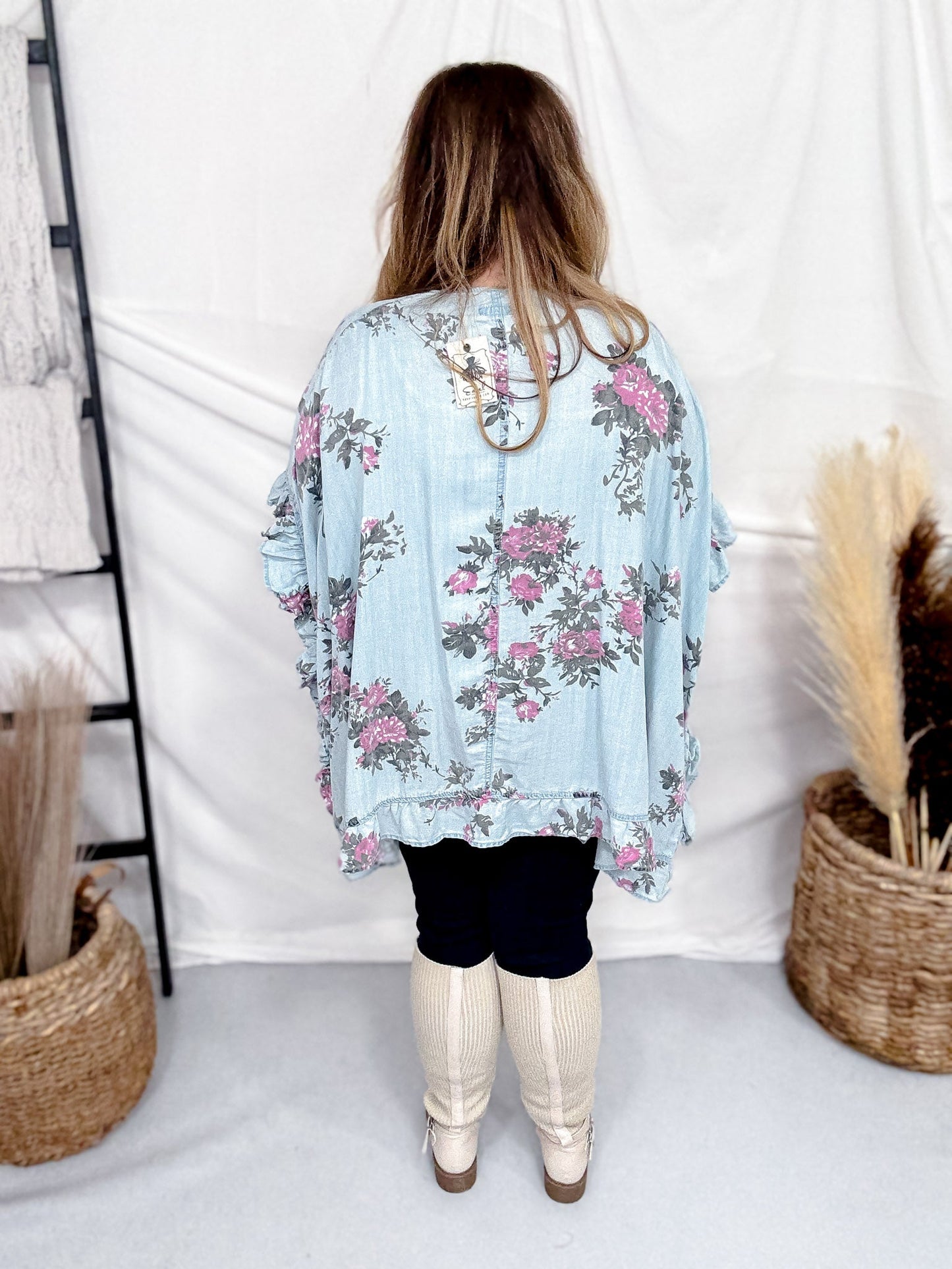 Floral Print Light Blue Chambray Cardigan With Ruffled Hems - Whiskey Skies - EASEL