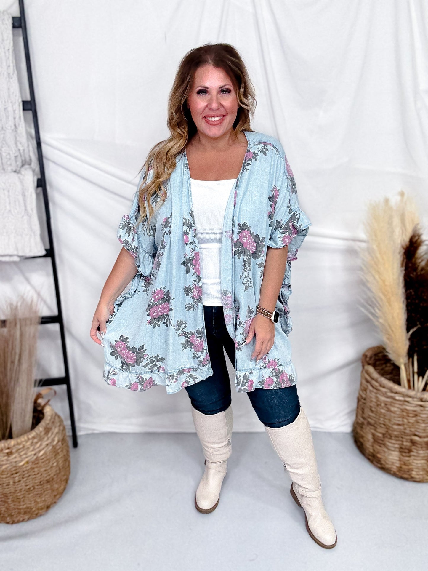 Floral Print Light Blue Chambray Cardigan With Ruffled Hems - Whiskey Skies - EASEL