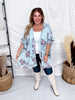Floral Print Light Blue Chambray Cardigan With Ruffled Hems - Whiskey Skies - EASEL