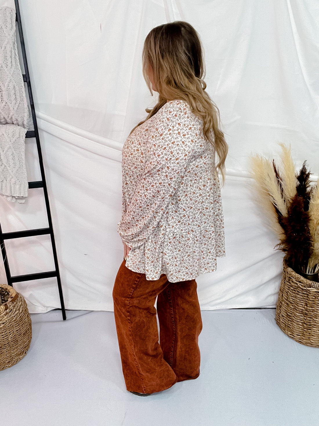 Floral Print Long Puff Sleeve V - Neck Tiered Top - Whiskey Skies - HEIMISH