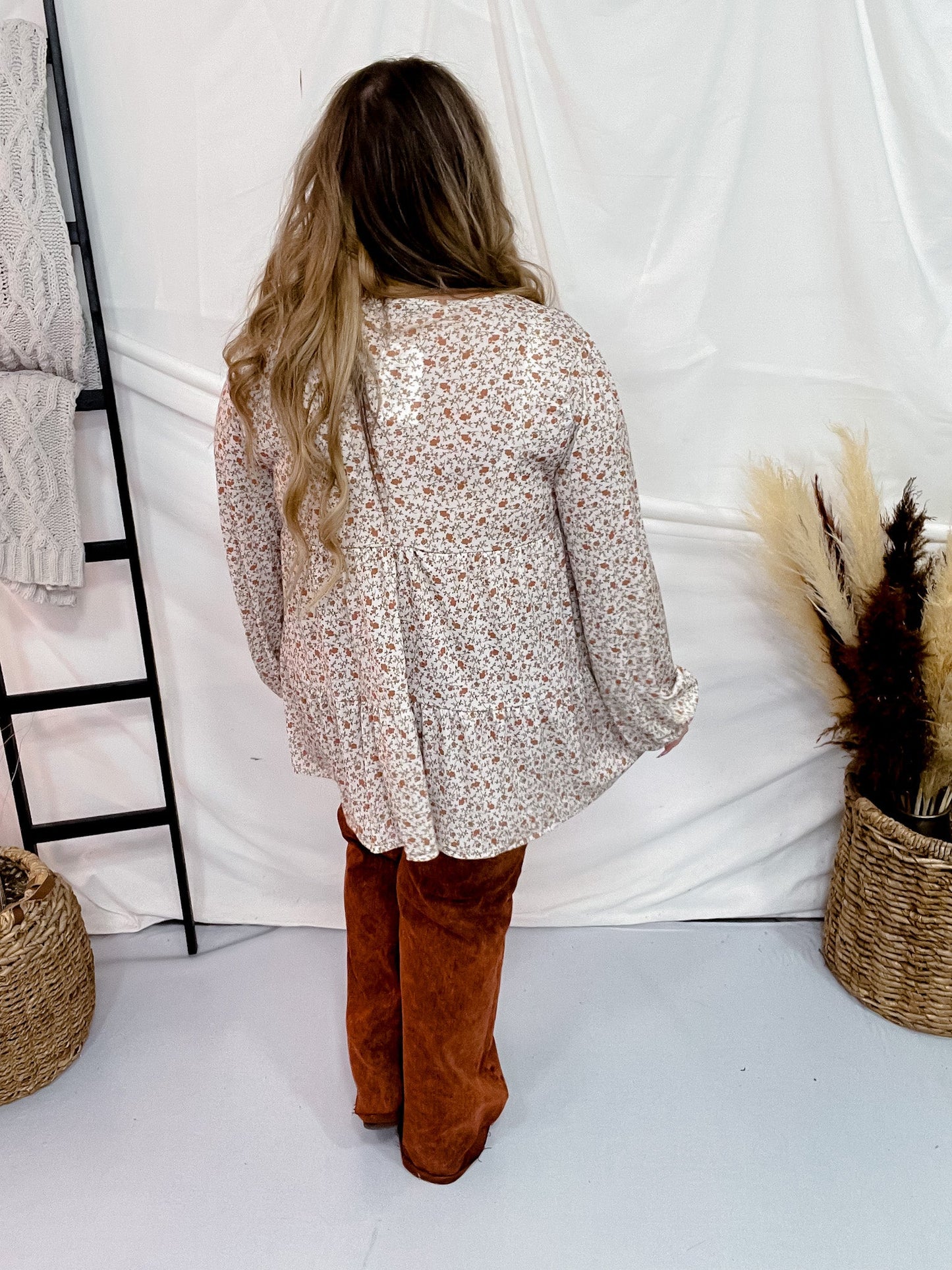 Floral Print Long Puff Sleeve V - Neck Tiered Top - Whiskey Skies - HEIMISH