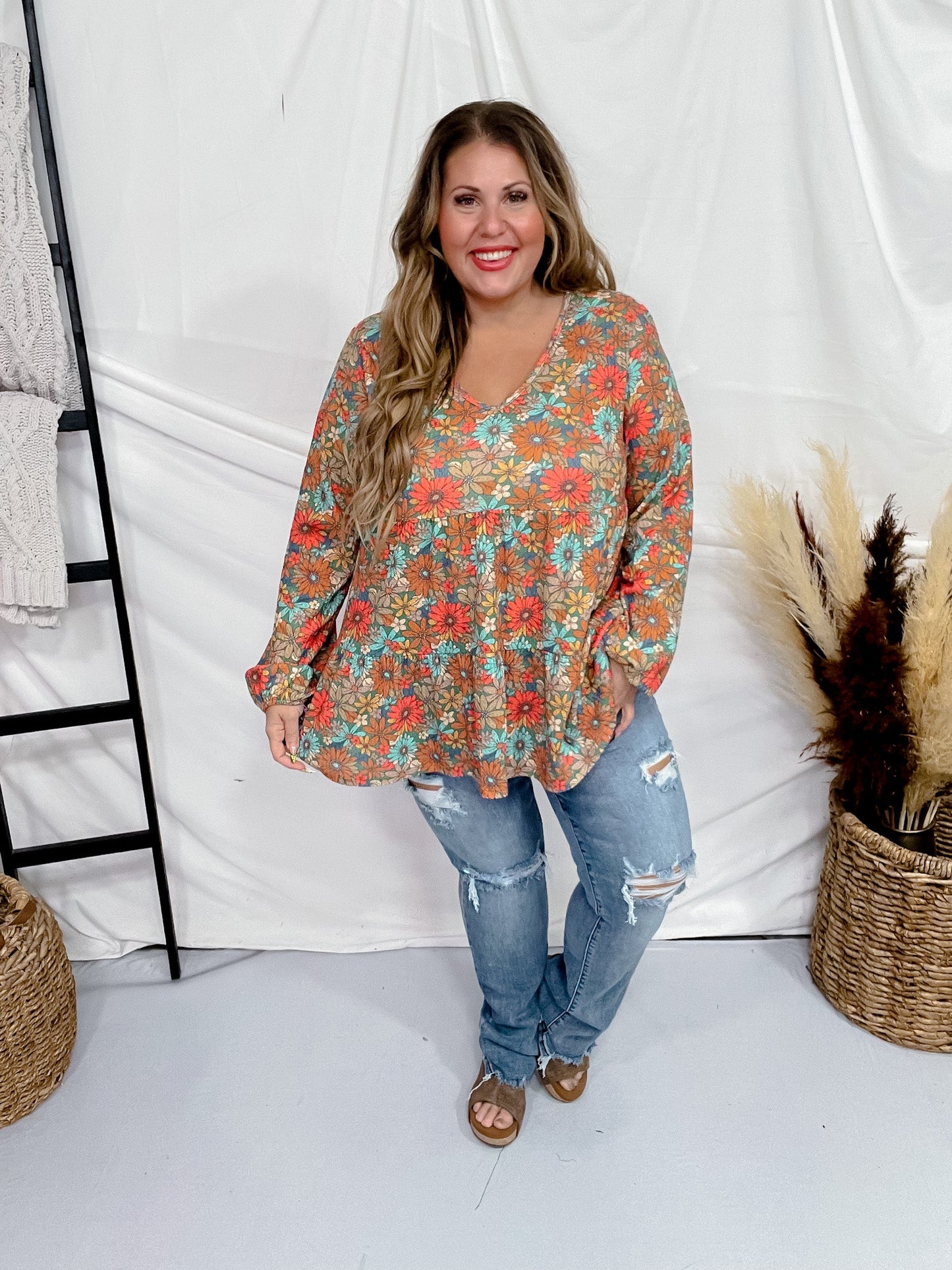 Floral Print Long Puff Sleeve Waffle Knit Tiered Top - Whiskey Skies - HEIMISH