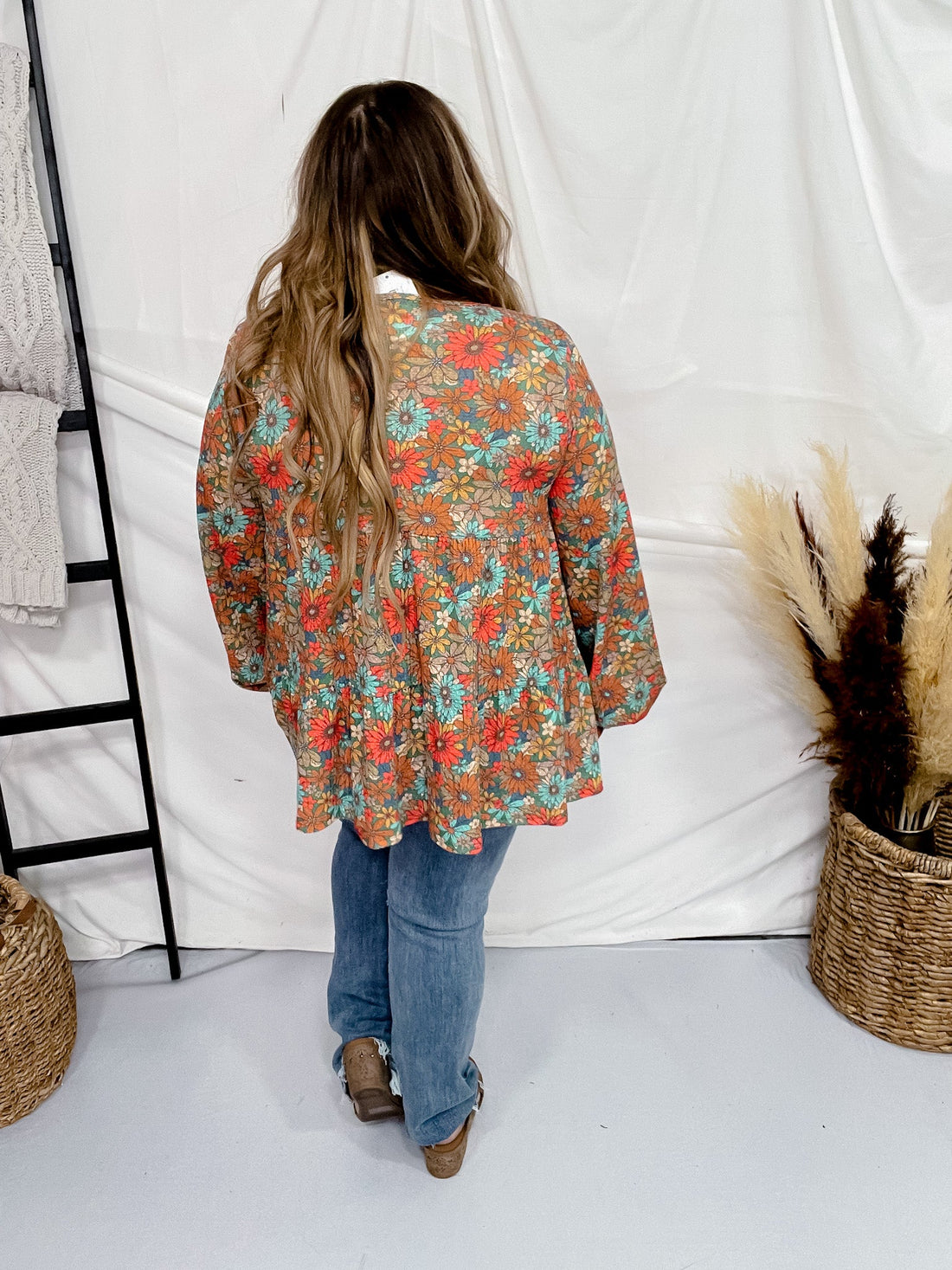 Floral Print Long Puff Sleeve Waffle Knit Tiered Top - Whiskey Skies - HEIMISH