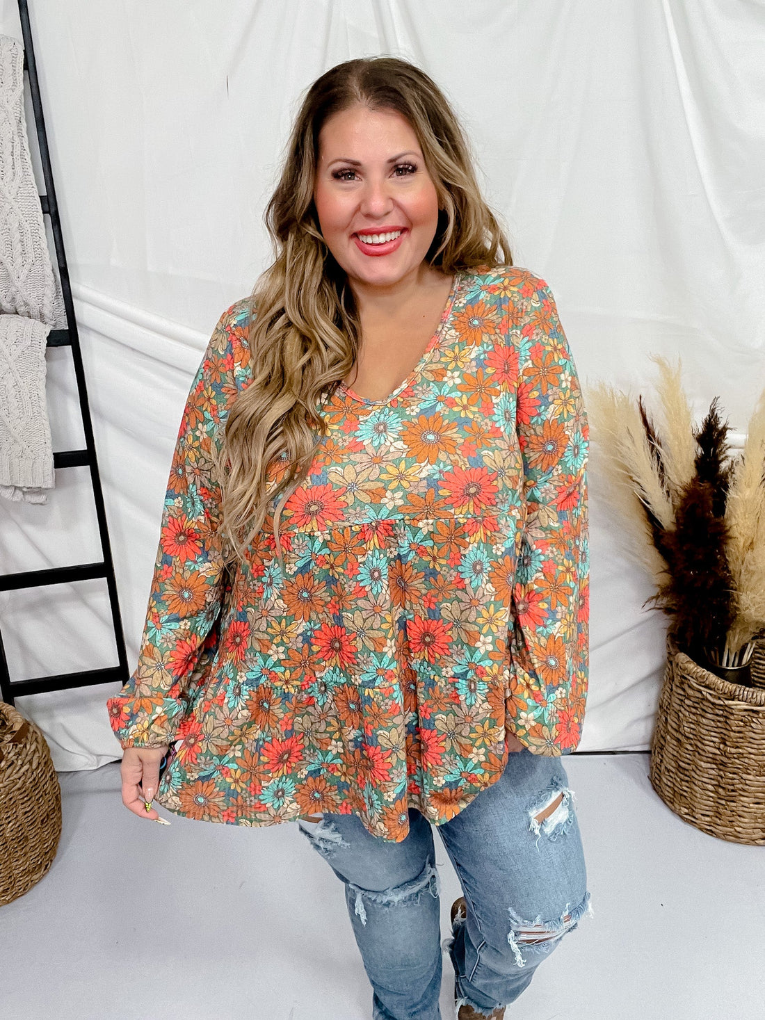 Floral Print Long Puff Sleeve Waffle Knit Tiered Top - Whiskey Skies - HEIMISH