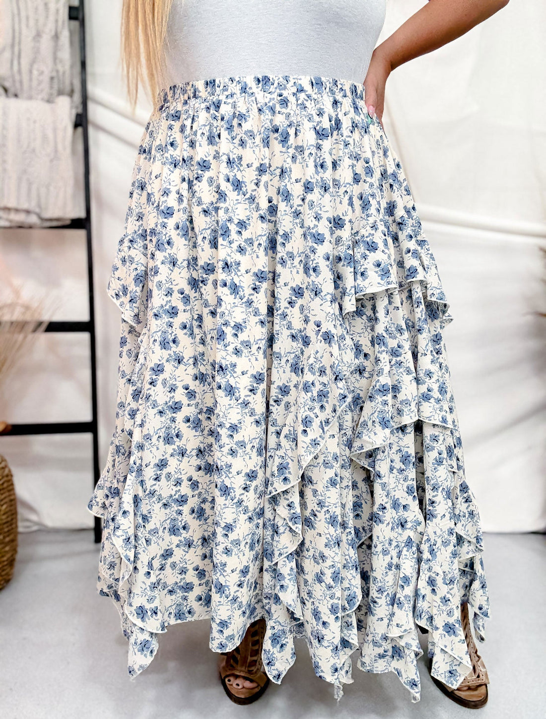 Floral Print Maxi Skirt W/ Elastic Waistband & Tiered Ruffle Detail - Whiskey Skies - DAVI & DANI