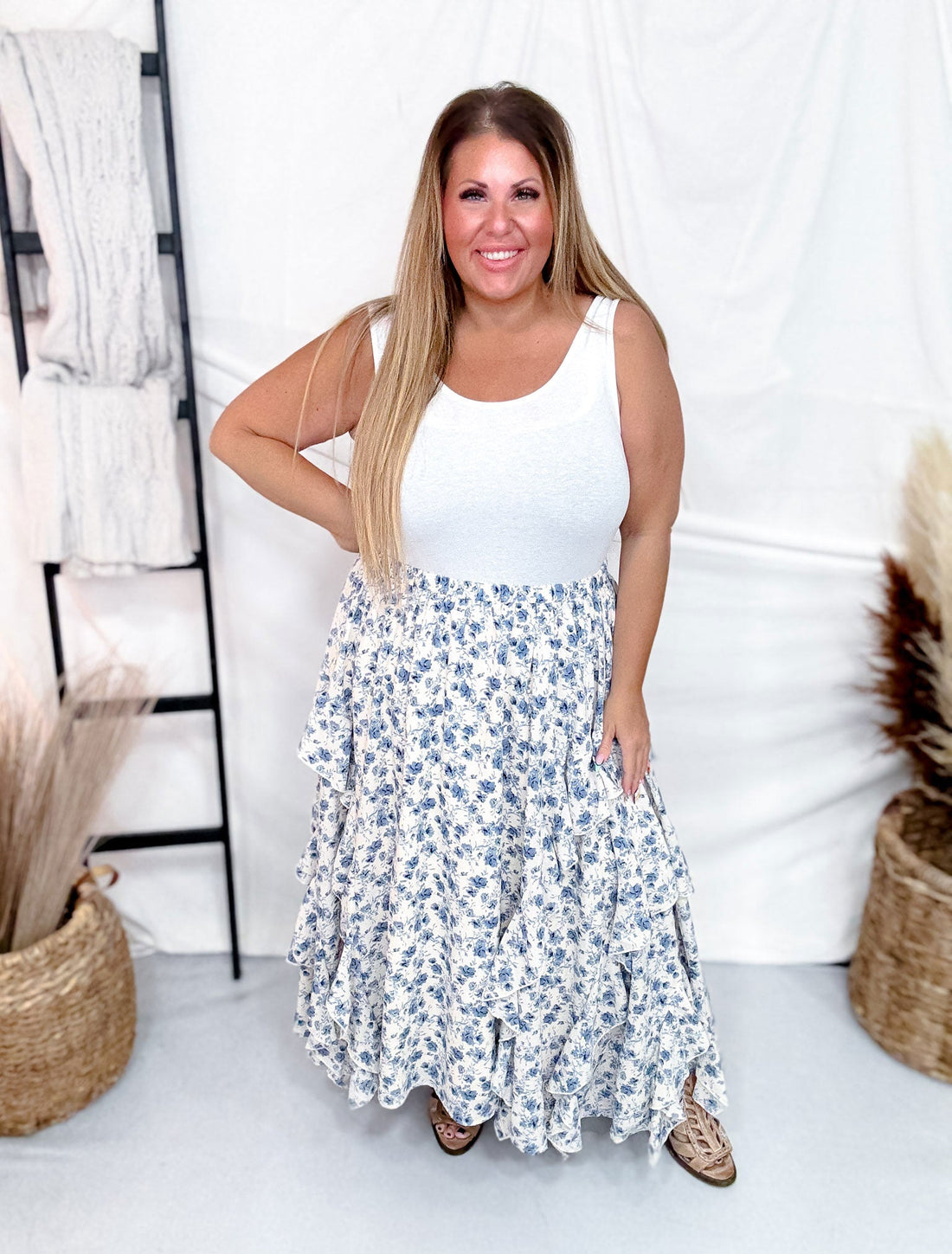 Floral Print Maxi Skirt W/ Elastic Waistband & Tiered Ruffle Detail - Whiskey Skies - DAVI & DANI