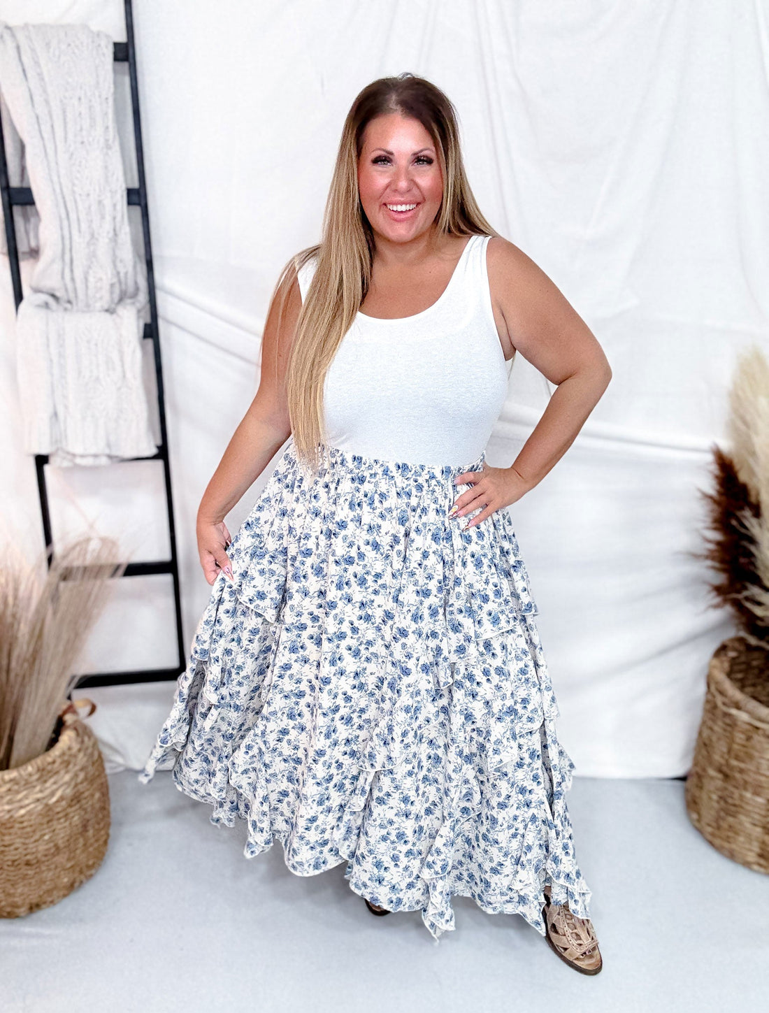 Floral Print Maxi Skirt W/ Elastic Waistband & Tiered Ruffle Detail - Whiskey Skies - DAVI & DANI
