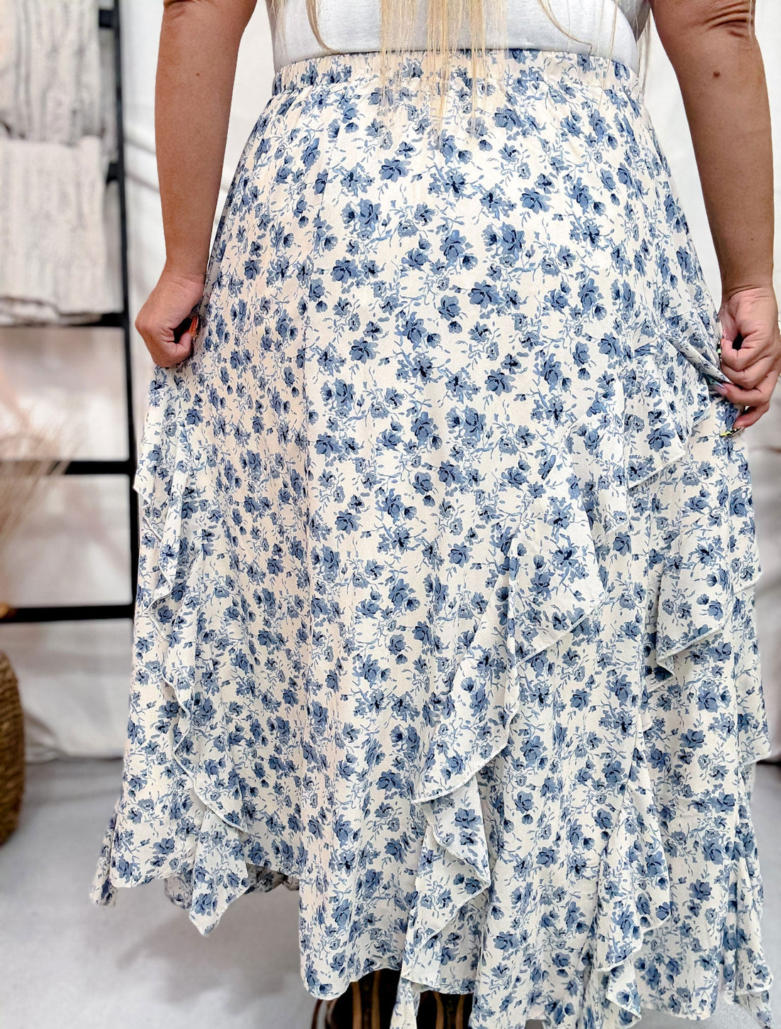 Floral Print Maxi Skirt W/ Elastic Waistband & Tiered Ruffle Detail - Whiskey Skies - DAVI & DANI
