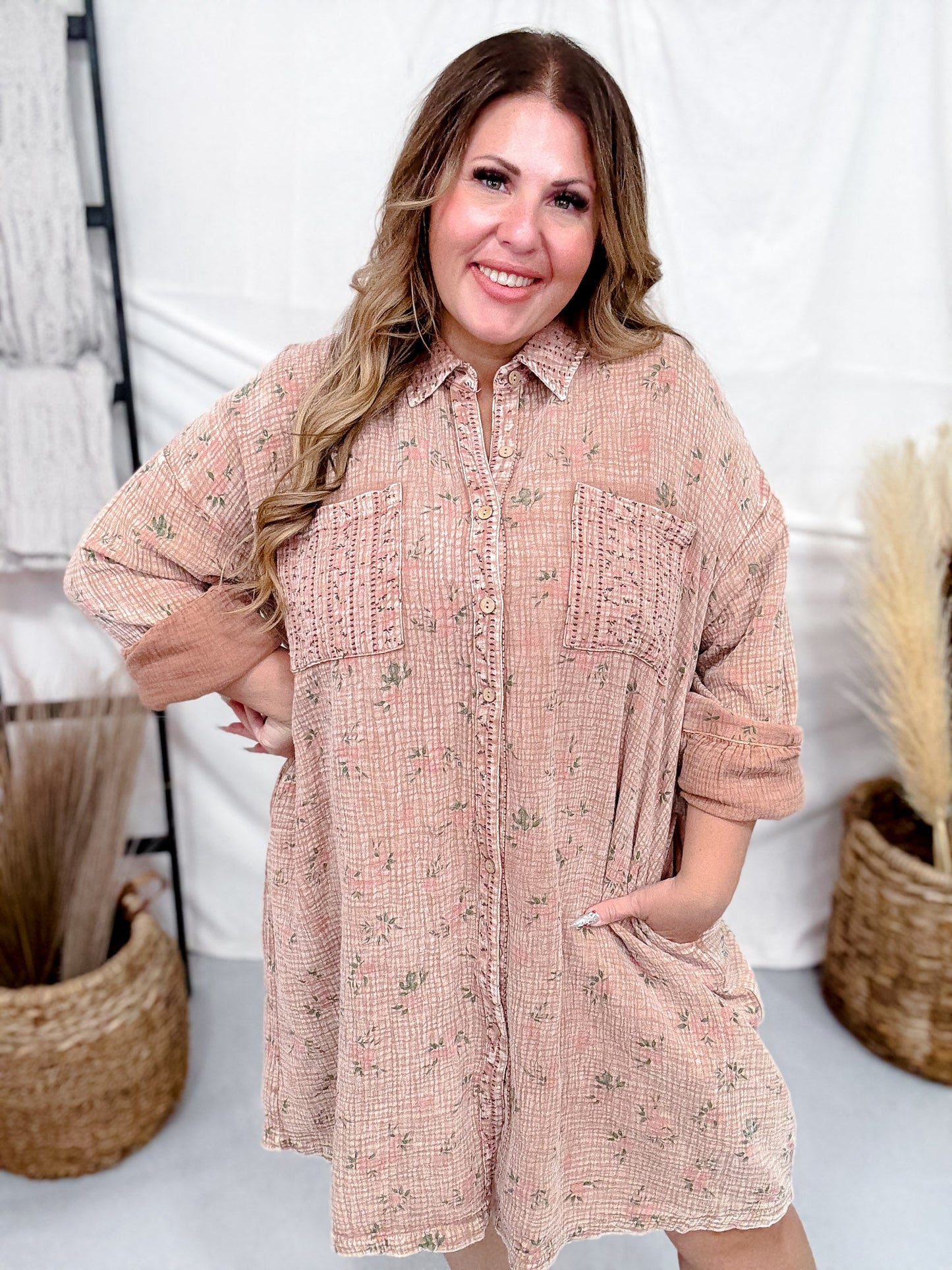 Floral Print Mocha Cotton Gauze Shirt Dress - Whiskey Skies - EASEL