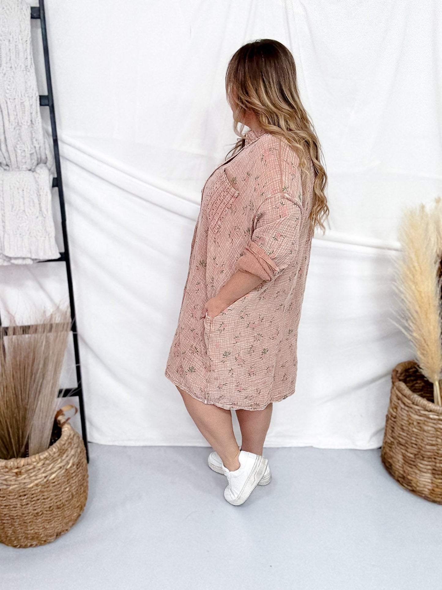Floral Print Mocha Cotton Gauze Shirt Dress - Whiskey Skies - EASEL
