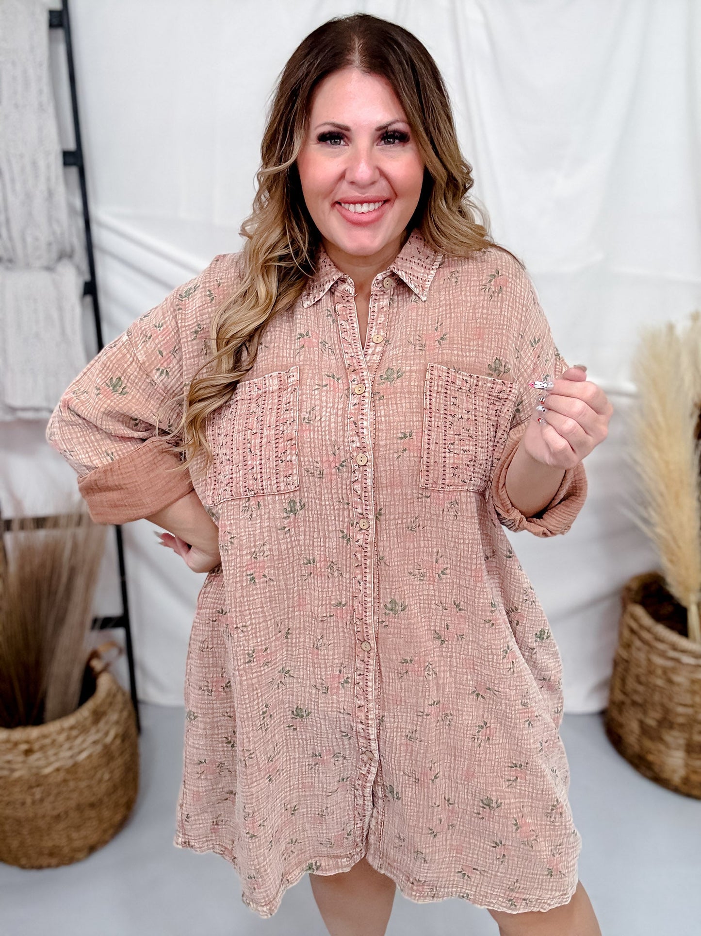 Floral Print Mocha Cotton Gauze Shirt Dress - Whiskey Skies - EASEL