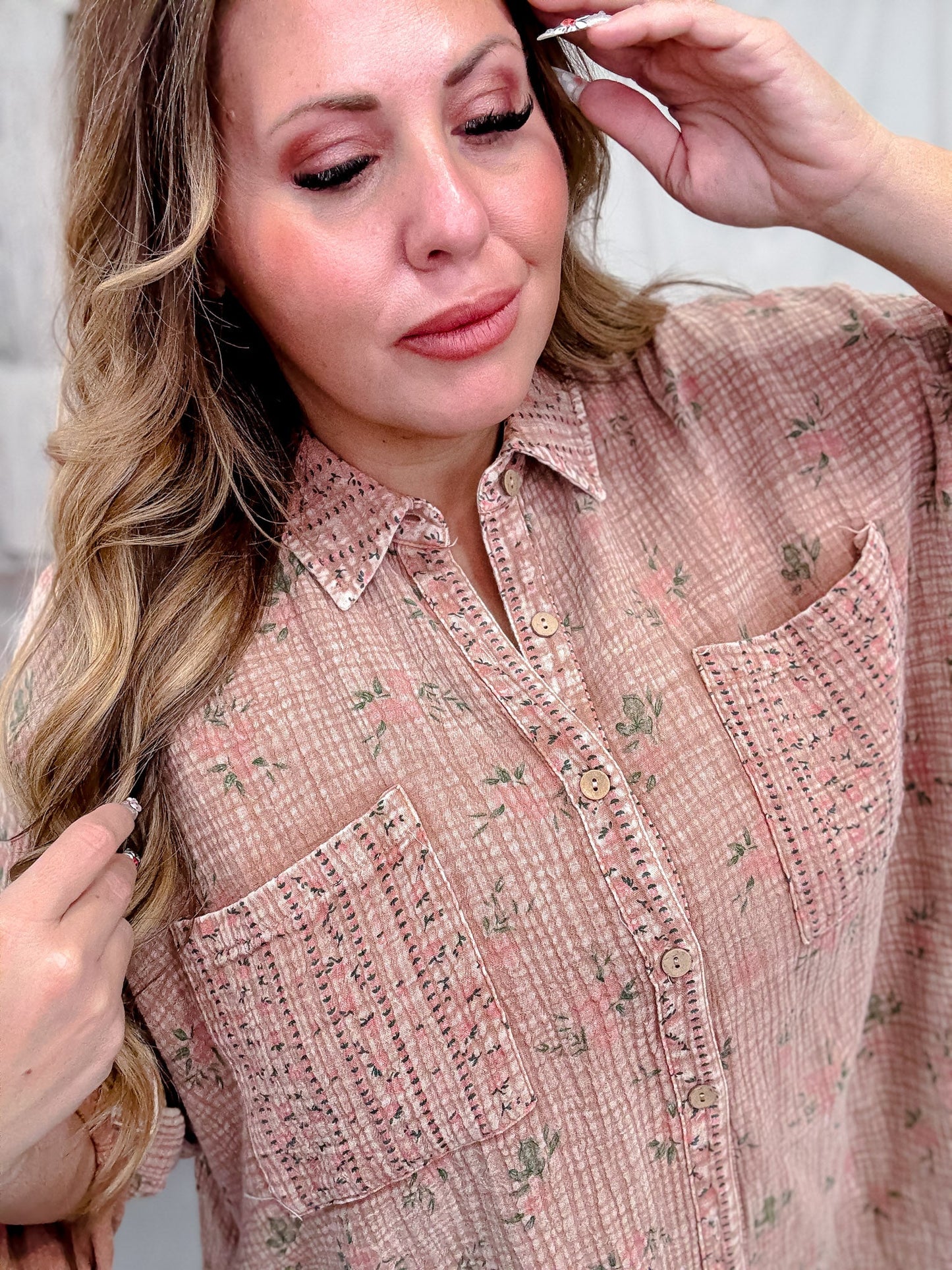 Floral Print Mocha Cotton Gauze Shirt Dress - Whiskey Skies - EASEL