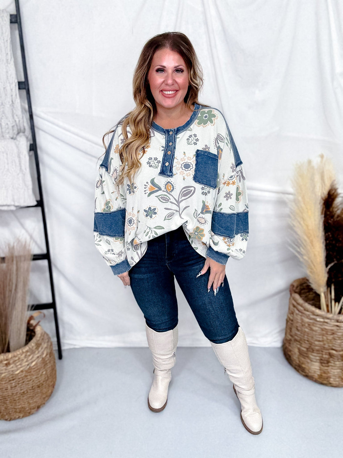 Floral Print Pullover With Contrasting Denim Details - Whiskey Skies - EASEL