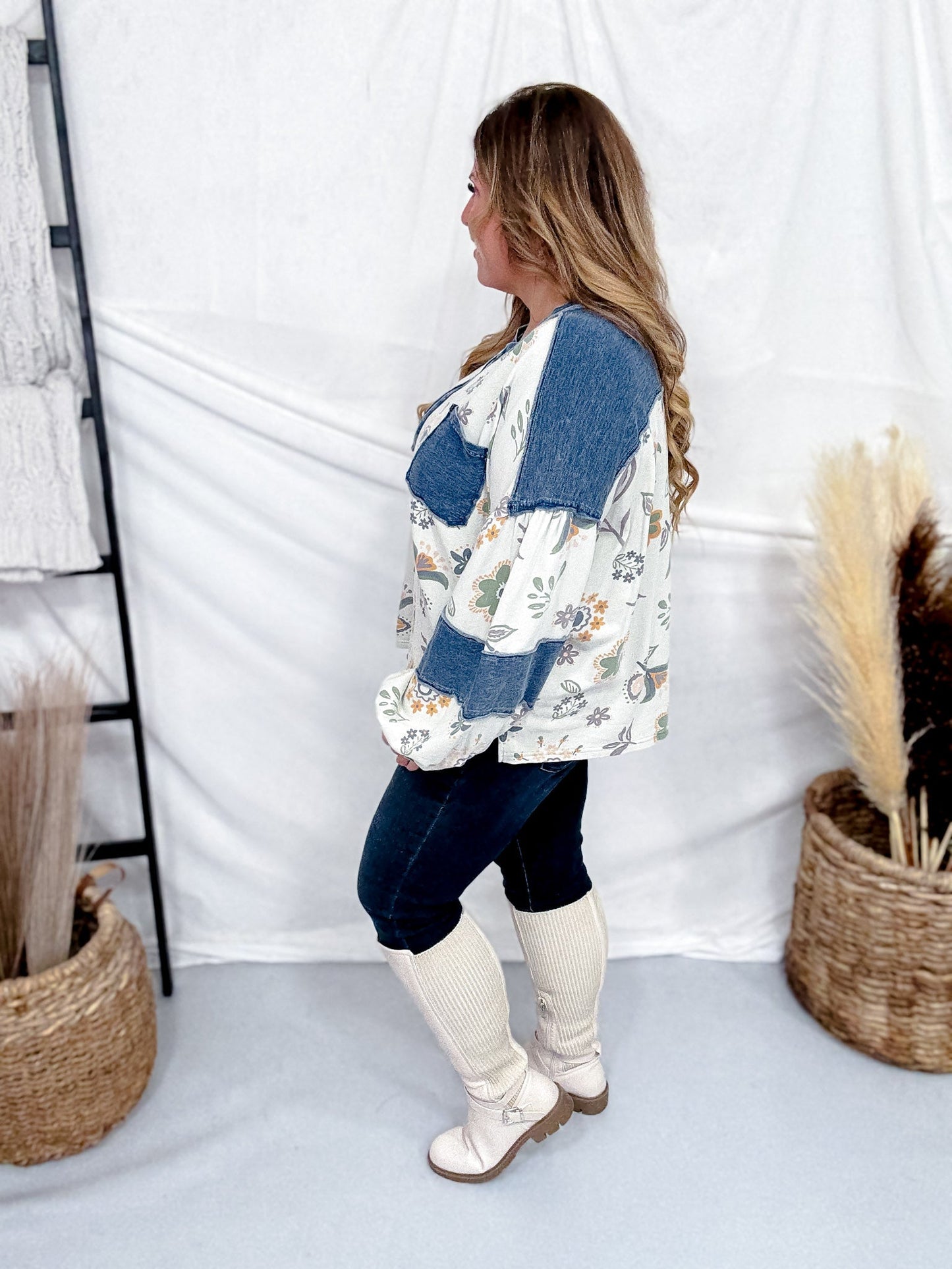 Floral Print Pullover With Contrasting Denim Details - Whiskey Skies - EASEL