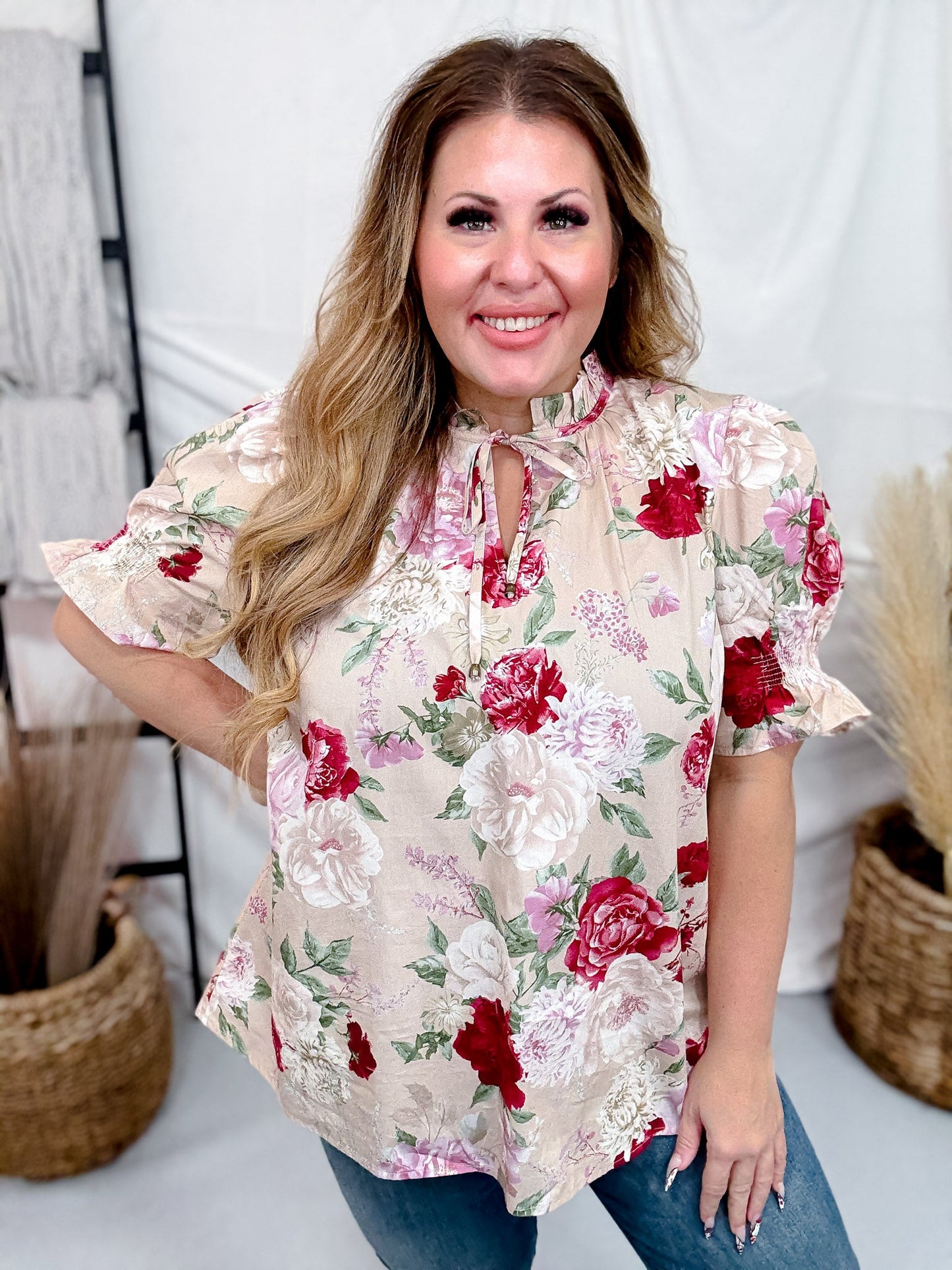 Floral Print Sand Colored Short Puff Sleeve Top - Whiskey Skies - ENTRO