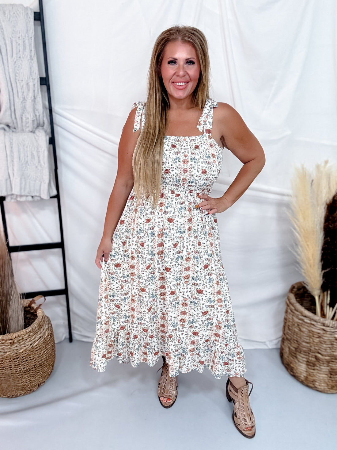 Floral Print Smocked Midi Sundress With Tie Shoulder Straps - Whiskey Skies - COTTON AND RYE OUTFITTERS