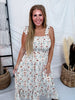 Floral Print Smocked Midi Sundress With Tie Shoulder Straps - Whiskey Skies - COTTON AND RYE OUTFITTERS