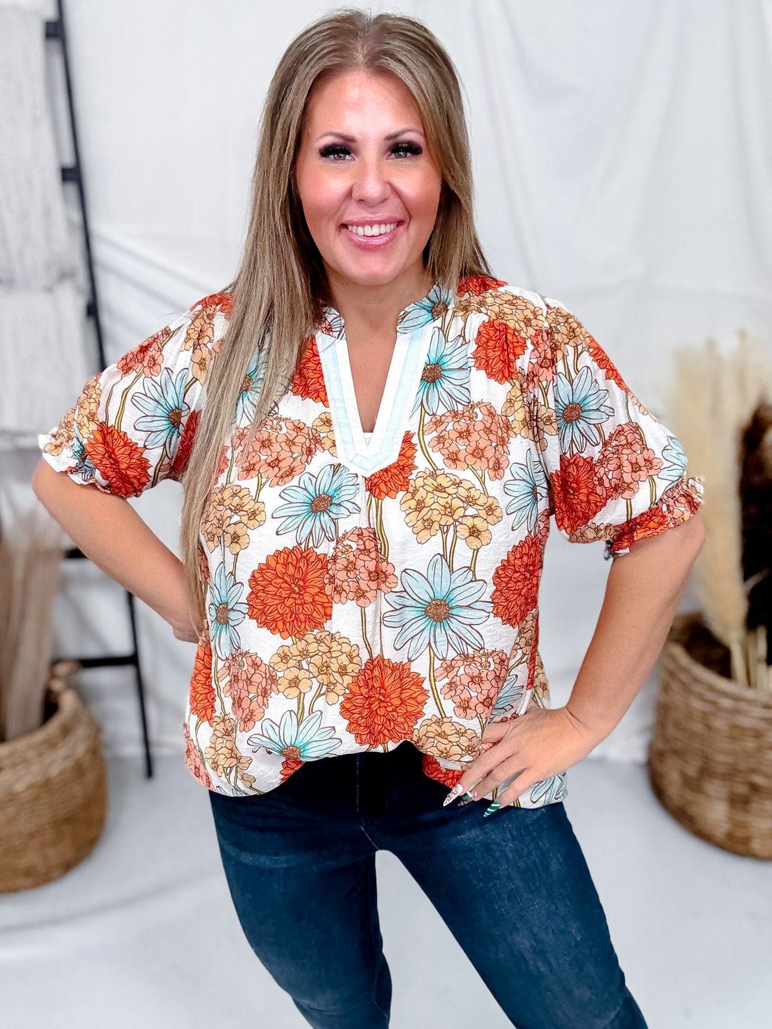 Floral Print Split V - Neck Top With Puff Sleeves In Mint & Orange - Whiskey Skies - UMGEE