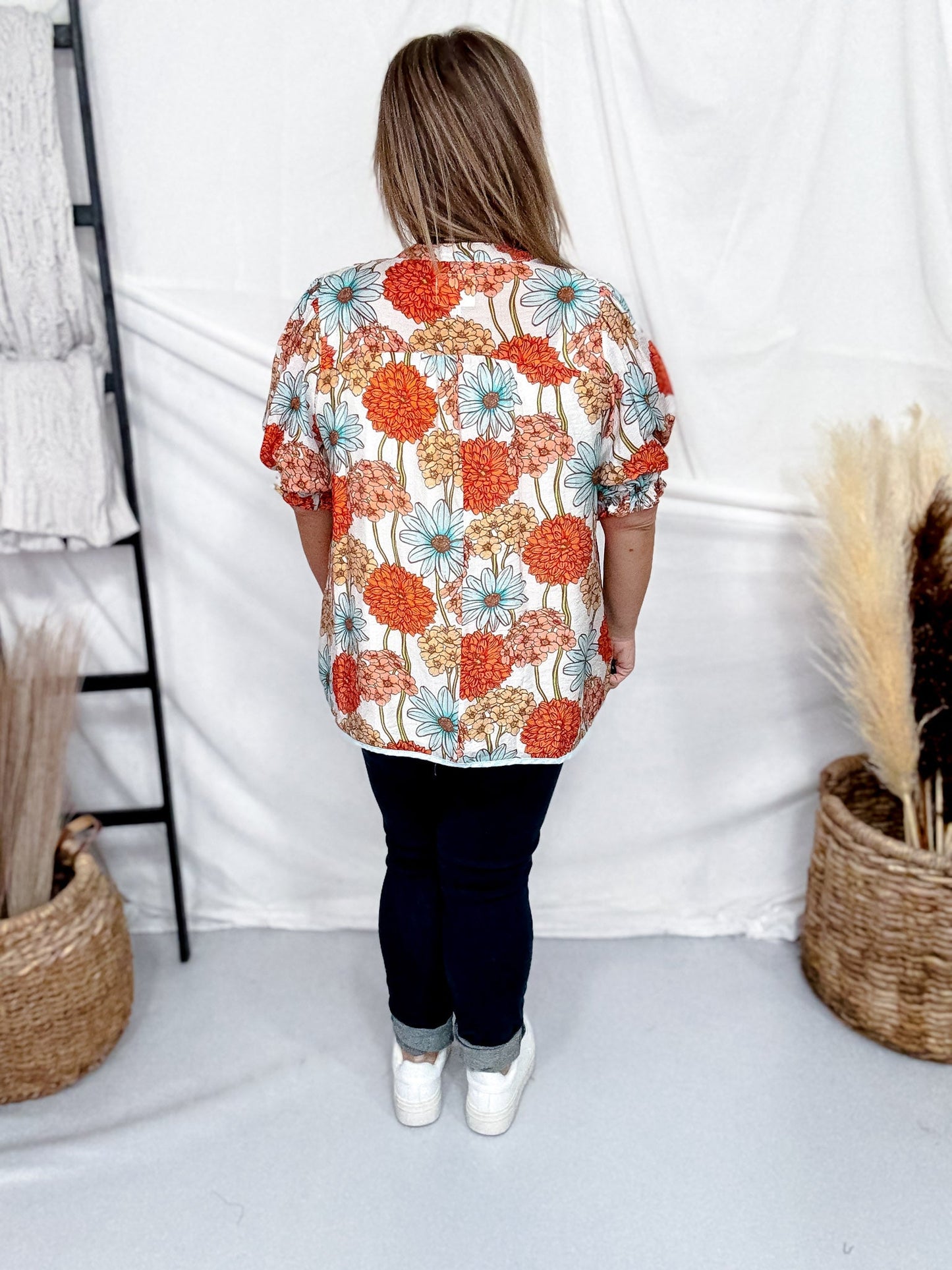 Floral Print Split V - Neck Top With Puff Sleeves In Mint & Orange - Whiskey Skies - UMGEE