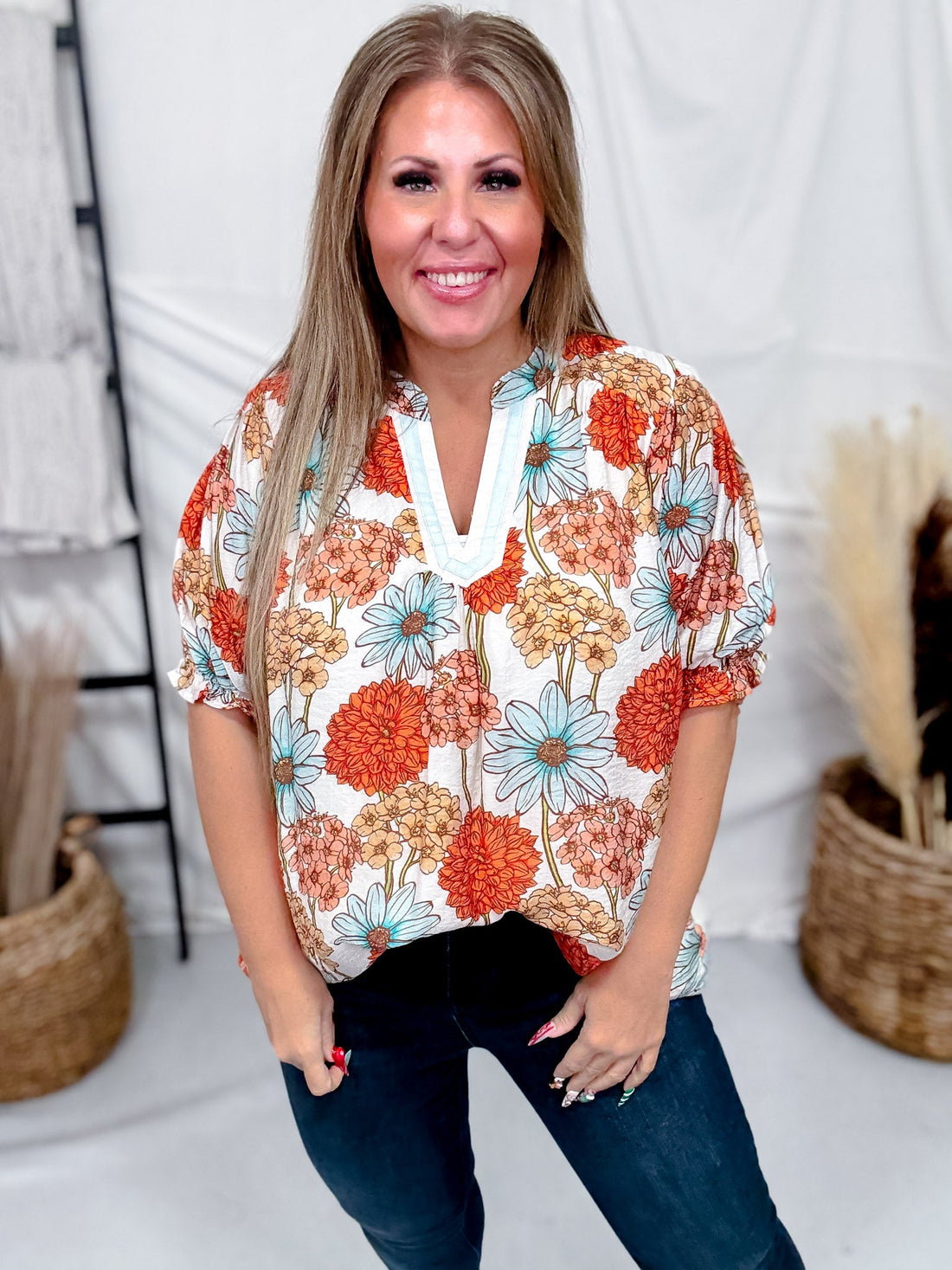 Floral Print Split V - Neck Top With Puff Sleeves In Mint & Orange - Whiskey Skies - UMGEE
