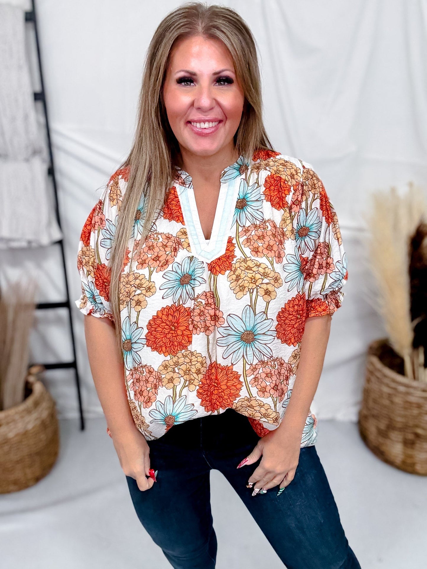 Floral Print Split V - Neck Top With Puff Sleeves In Mint & Orange - Whiskey Skies - UMGEE