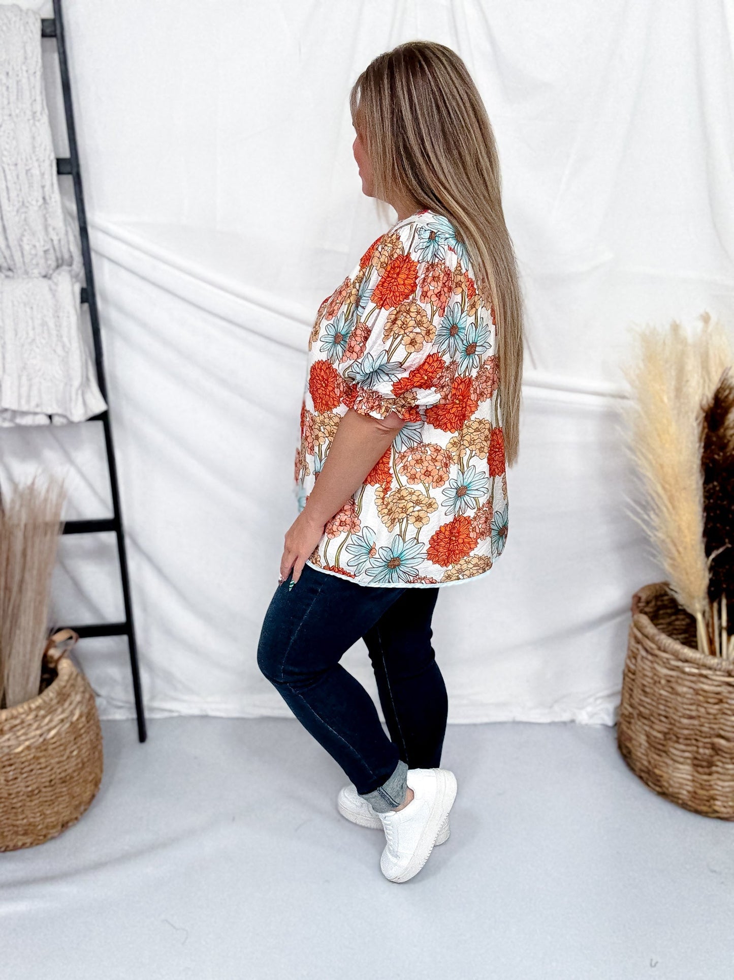 Floral Print Split V - Neck Top With Puff Sleeves In Mint & Orange - Whiskey Skies - UMGEE
